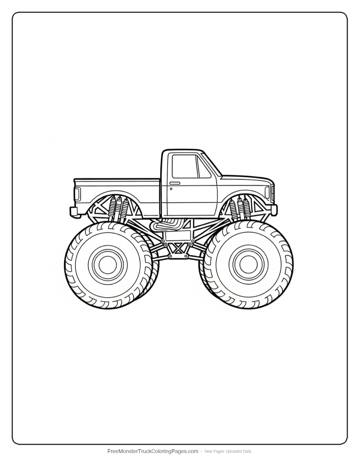 Black and white coloring page of Mega Stomp Bigfoot-style monster truck with enormous tires crushing a car