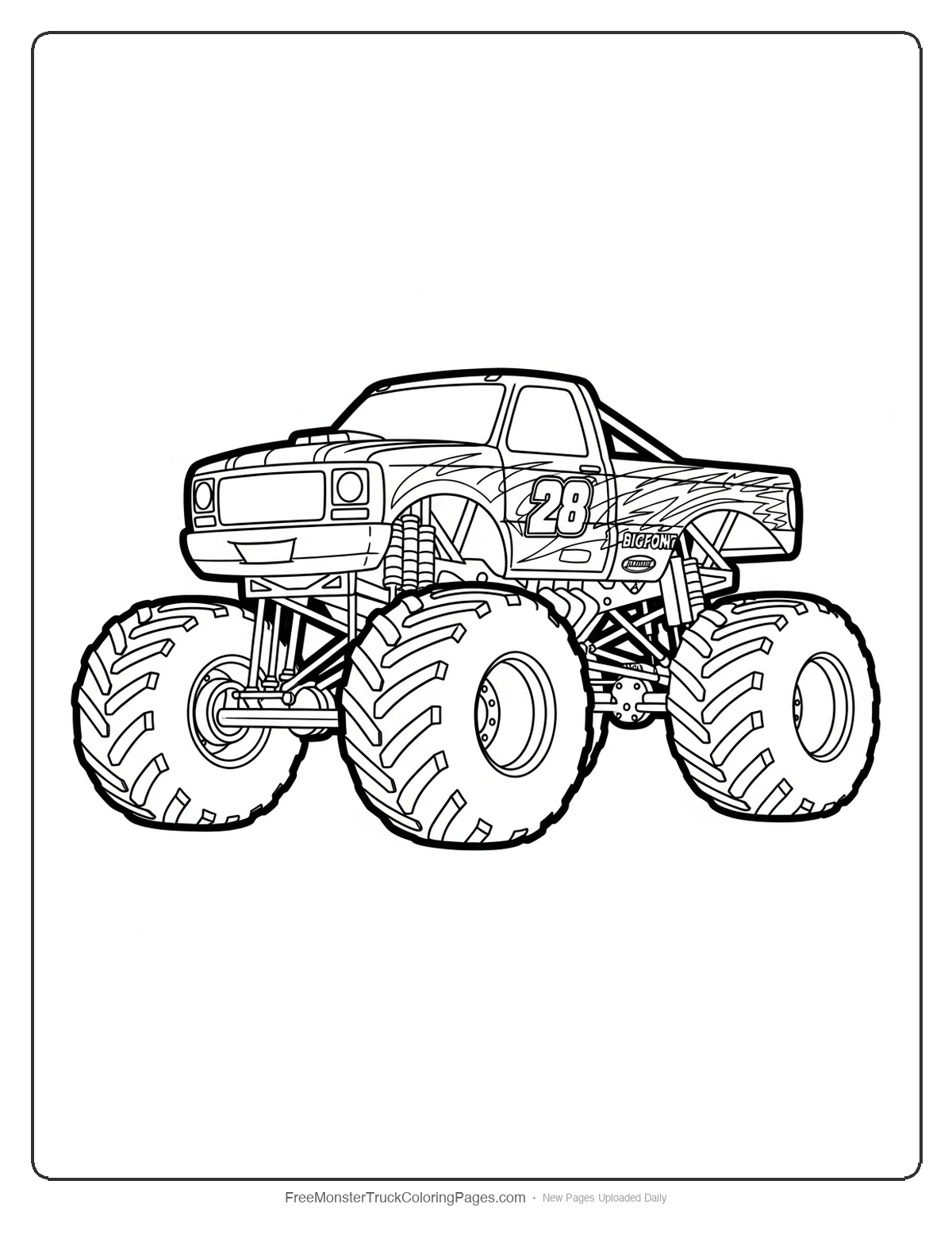 Black and white coloring page of a championship-style Bigfoot monster truck with detailed wheels and body
