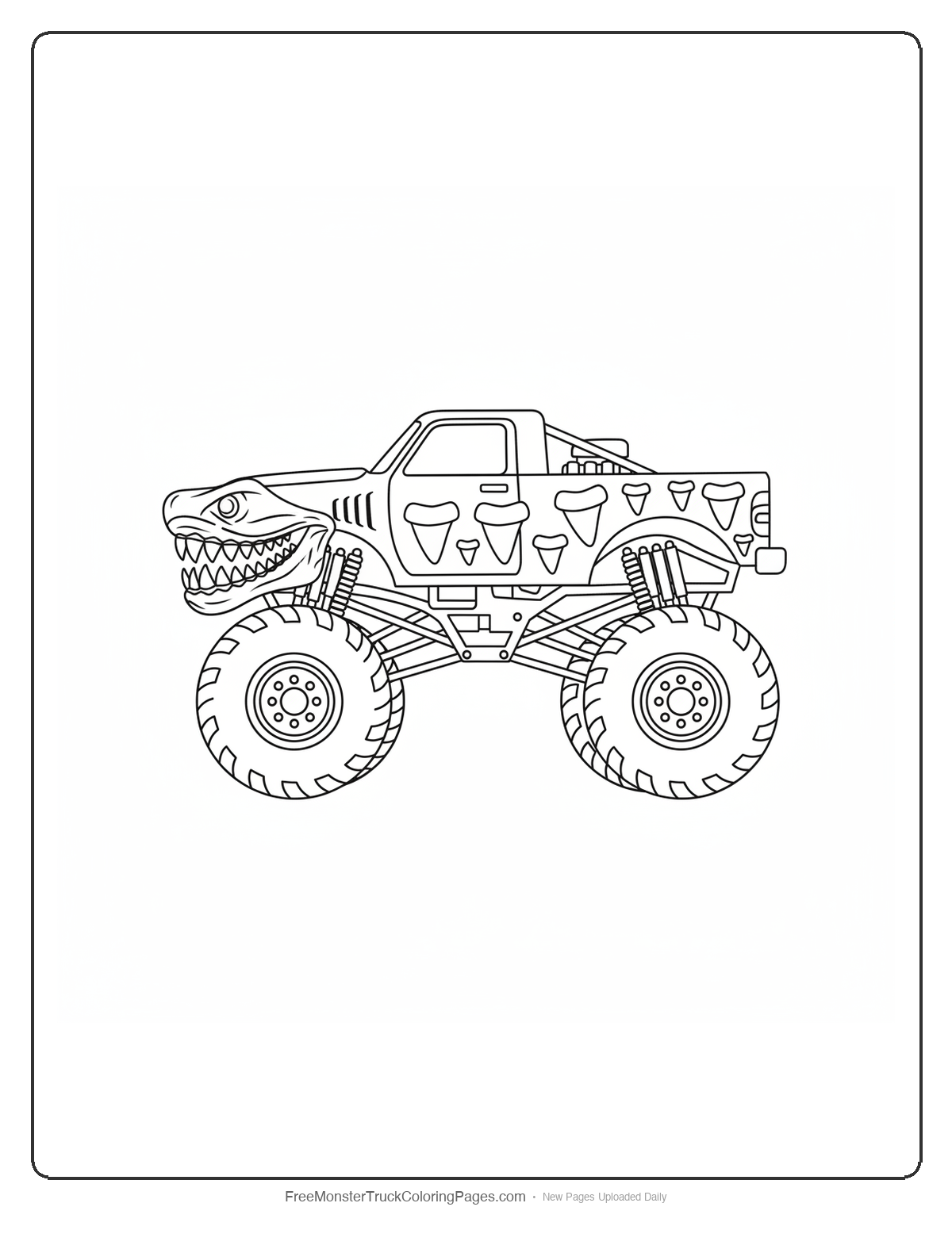 Black and white coloring page of a massive Megalodon prehistoric shark themed monster truck with huge jaws