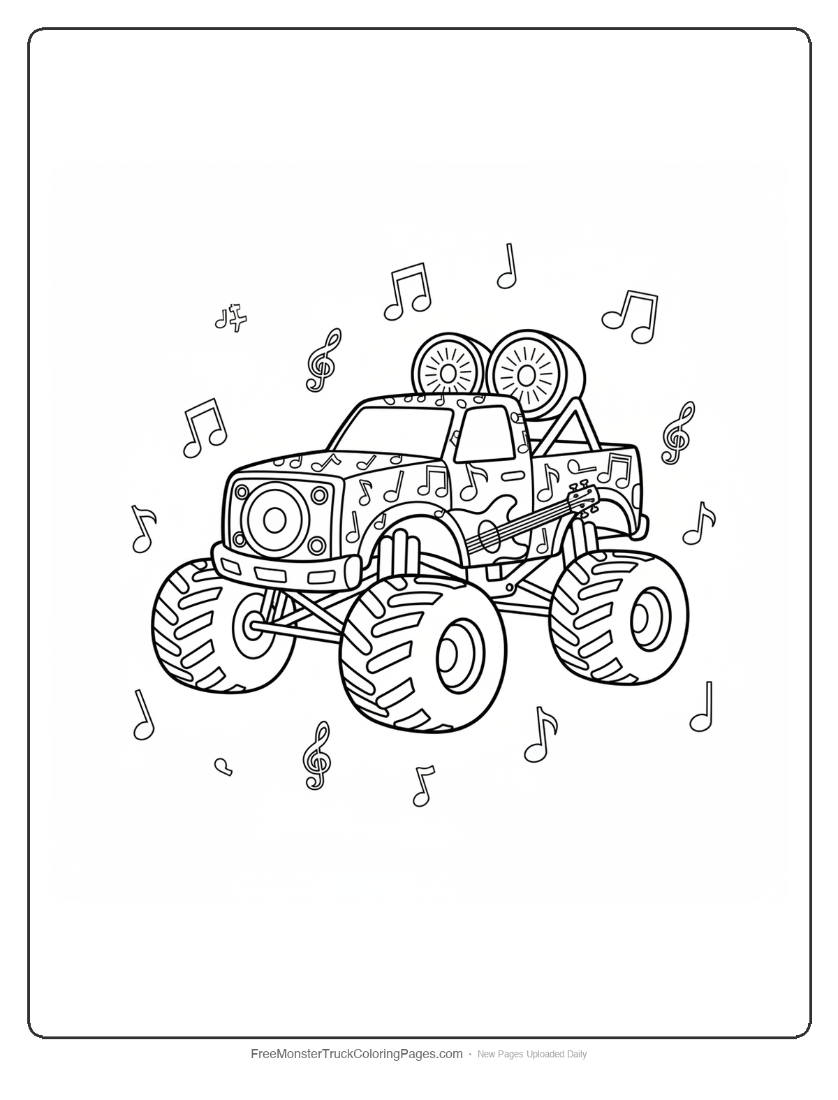 Monster truck with musical note decorations and floating musical notes around it creating a lullaby theme