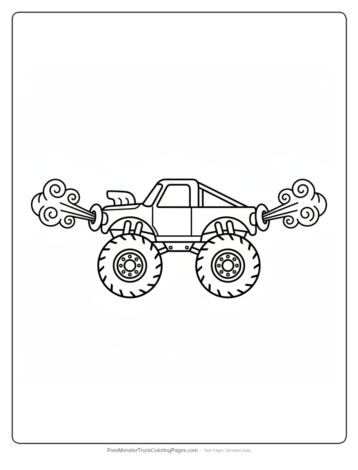 Black and white coloring page of a monster truck with two nostril shaped exhaust ports on the hood blowing steam shapes