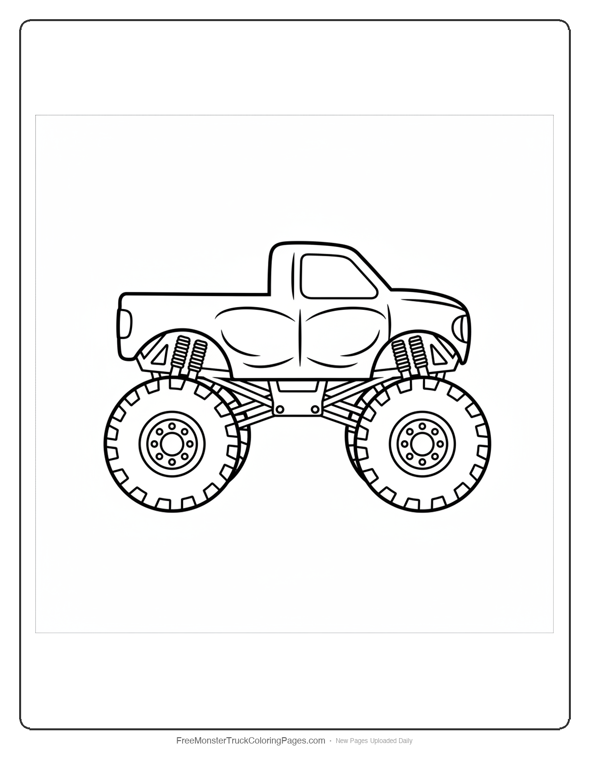 Black and white coloring page of a wide muscular monster truck cab shaped like a minotaur's broad shoulders and chest