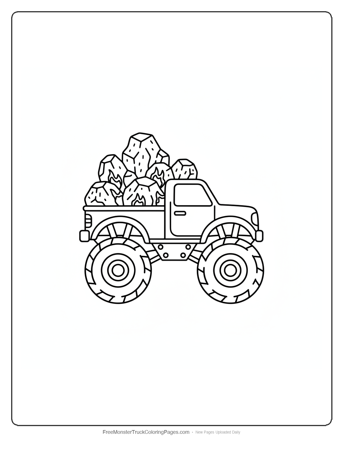 Monster truck coloring page with truck bed full of various shaped volcanic rocks and flame details