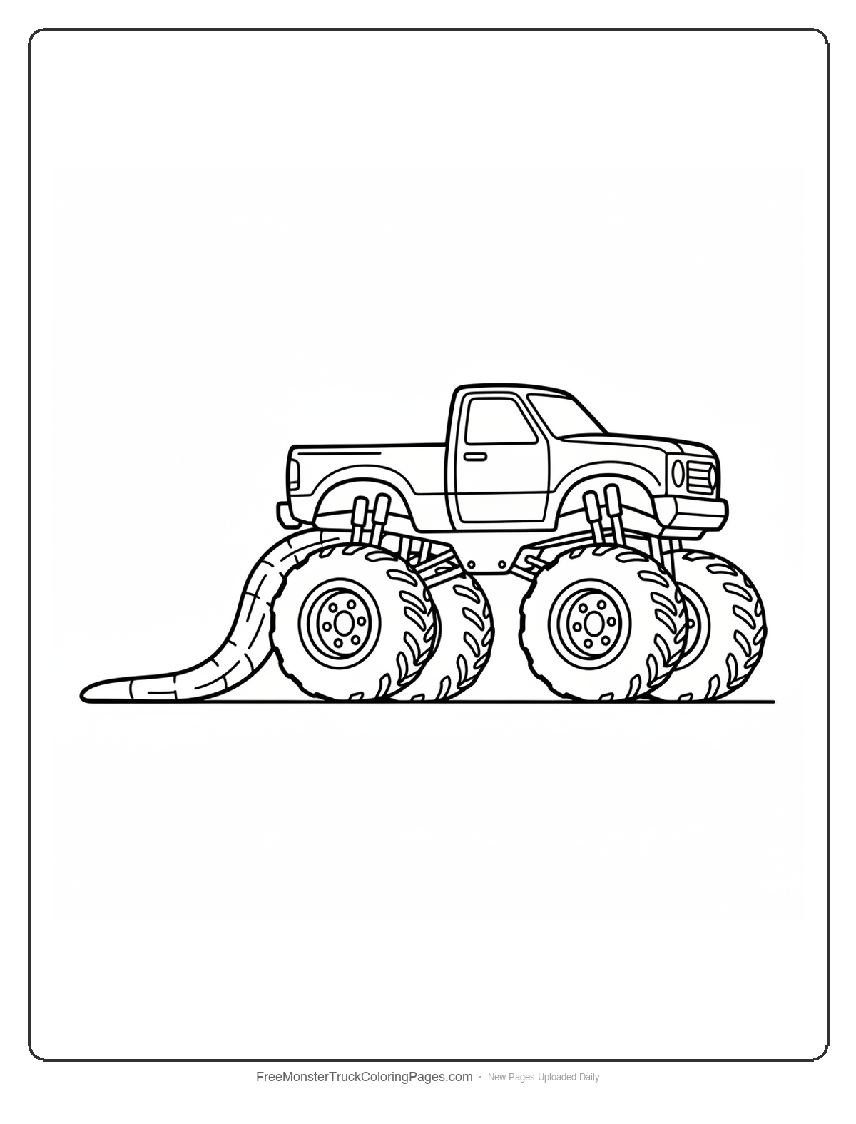 Black and white coloring page of a monster truck with a thick komodo dragon tail shape as the rear exhaust