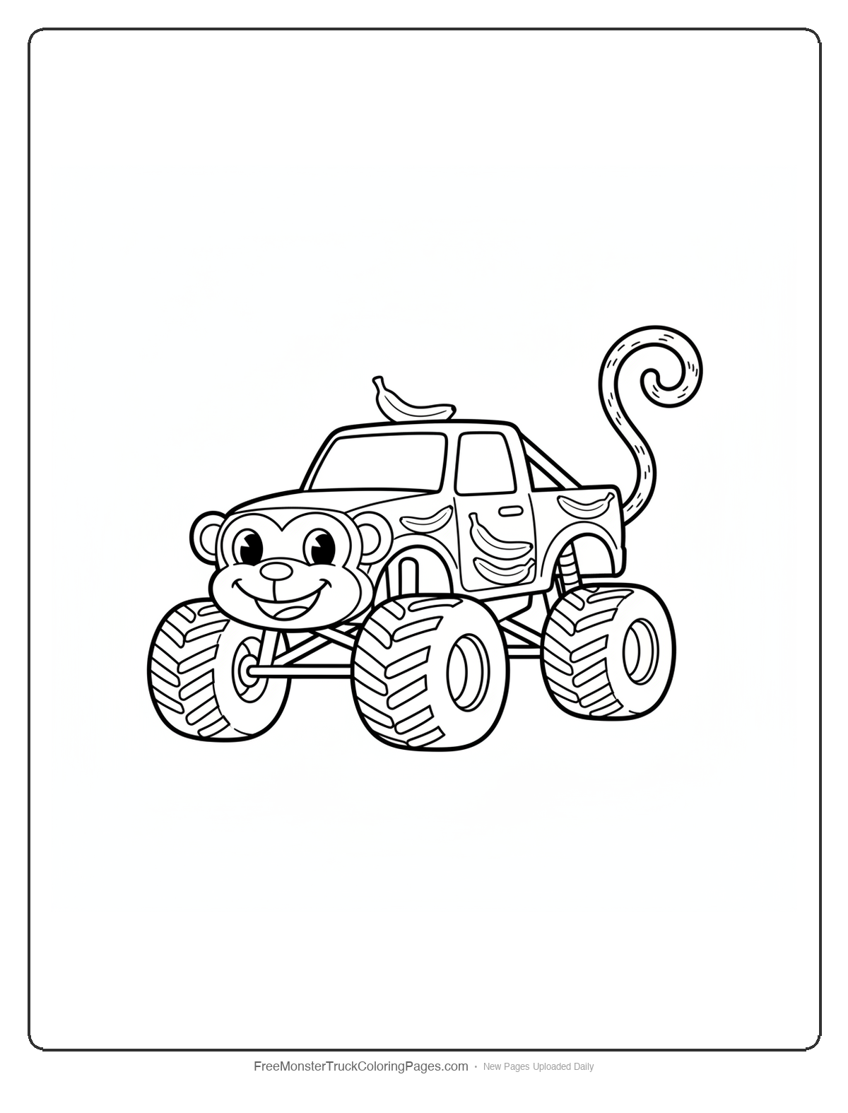 Black and white coloring page of a monster truck with a curly monkey tail attachment and playful design