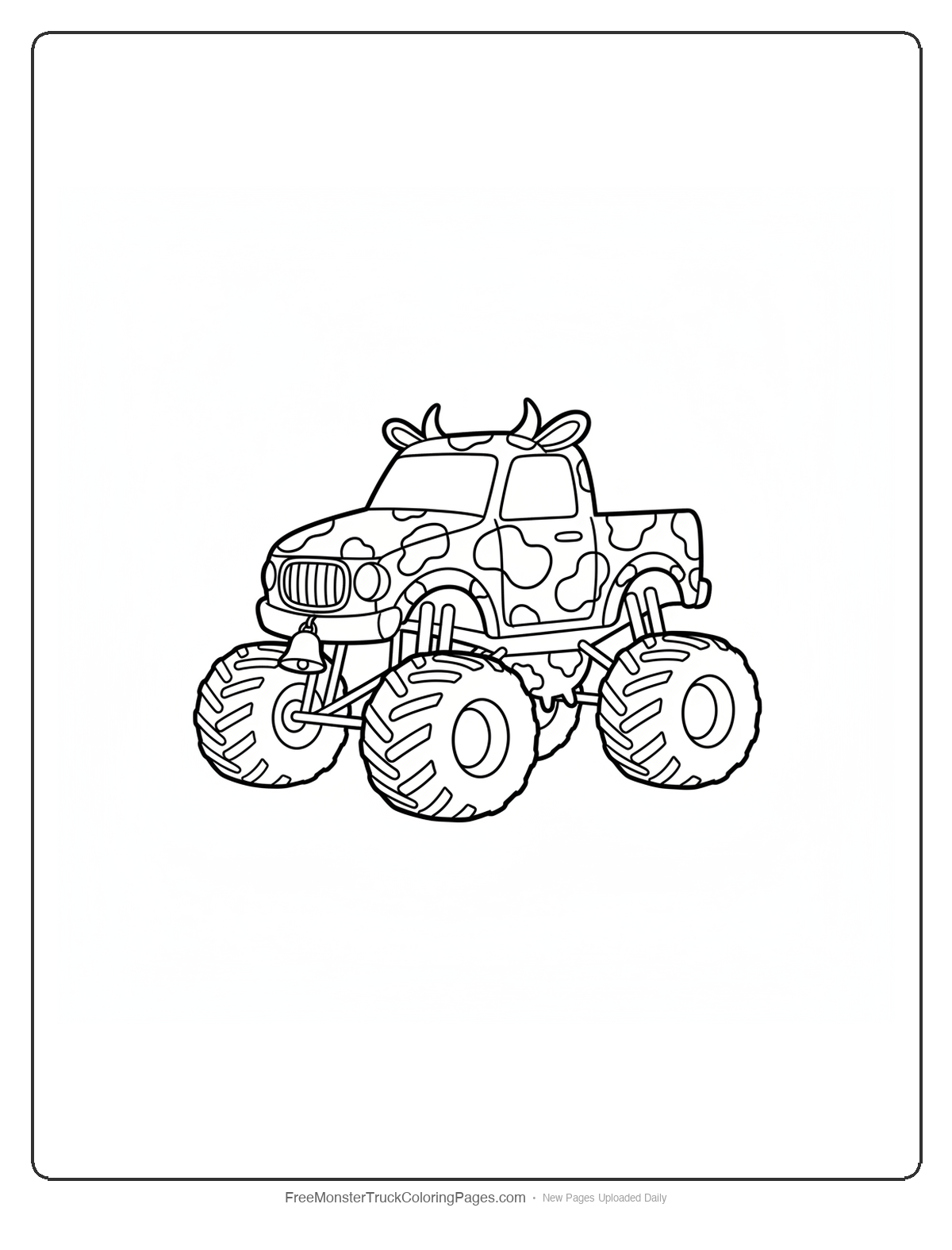 Black and white coloring page of a monster truck decorated with cow spots, cow ears, and a farm bell