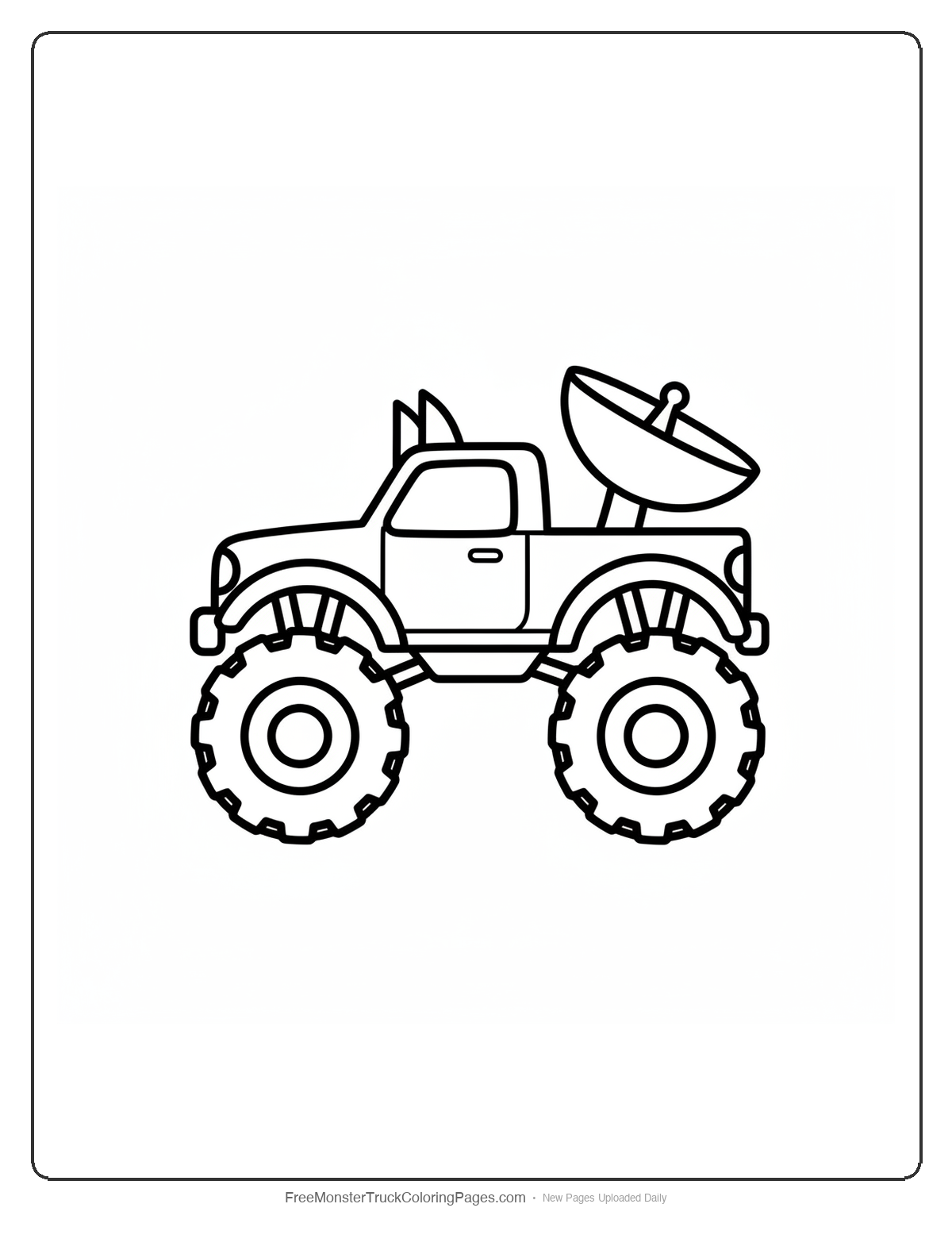 Black and white coloring page of a simple monster truck with pointed ear roof shapes and a large round moon disc mounted behind the cab