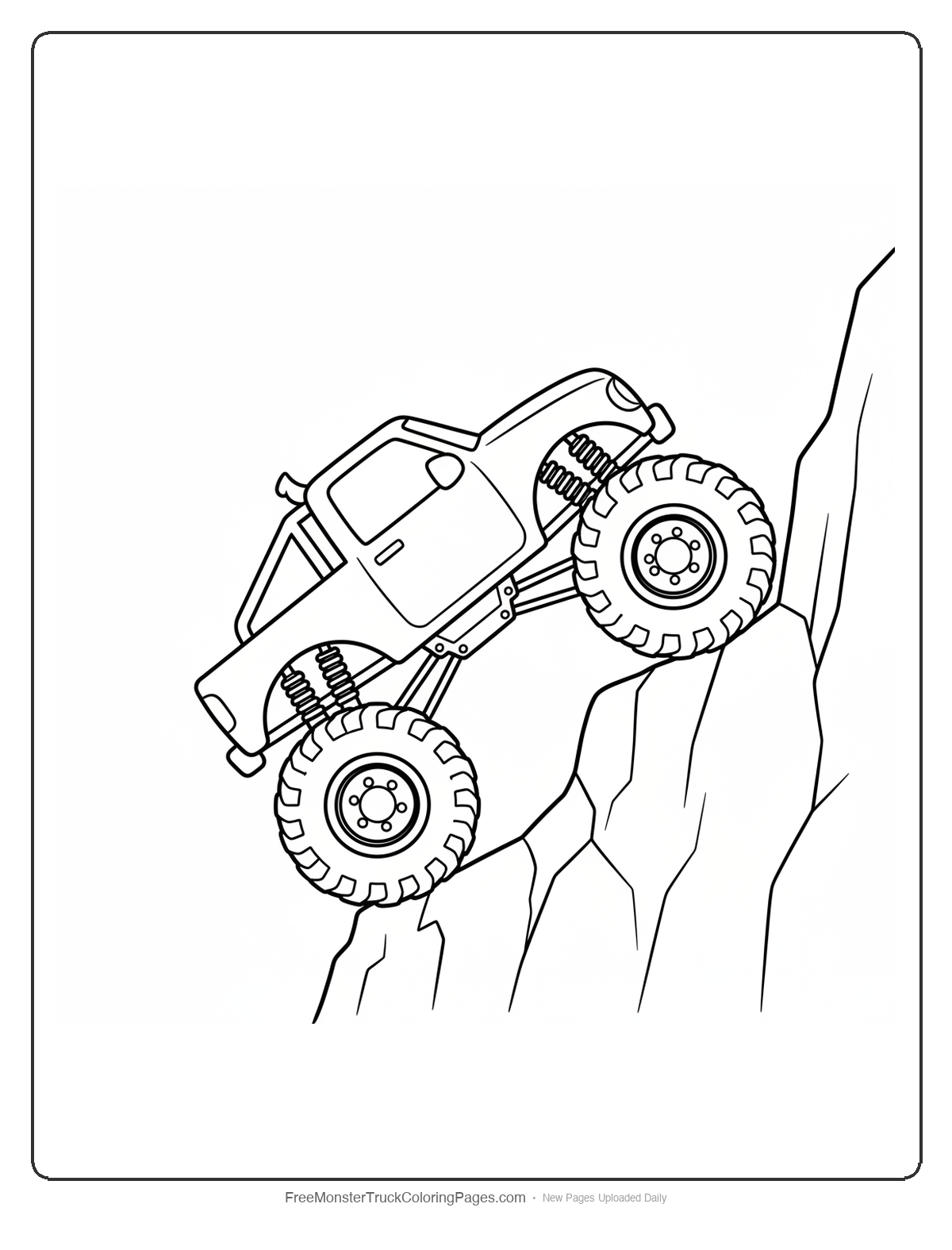 Black and white coloring page of a monster truck angled steeply upward in a climbing stance with a horn-shaped roll bar