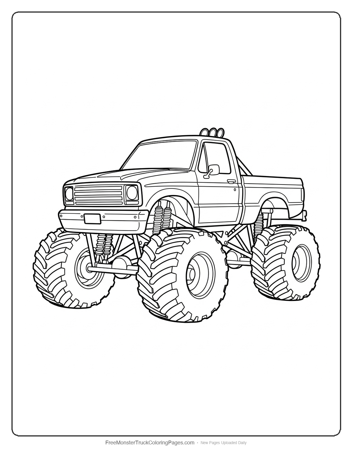 Black and white coloring page of a Bigfoot monster truck with detailed wheels and truck body