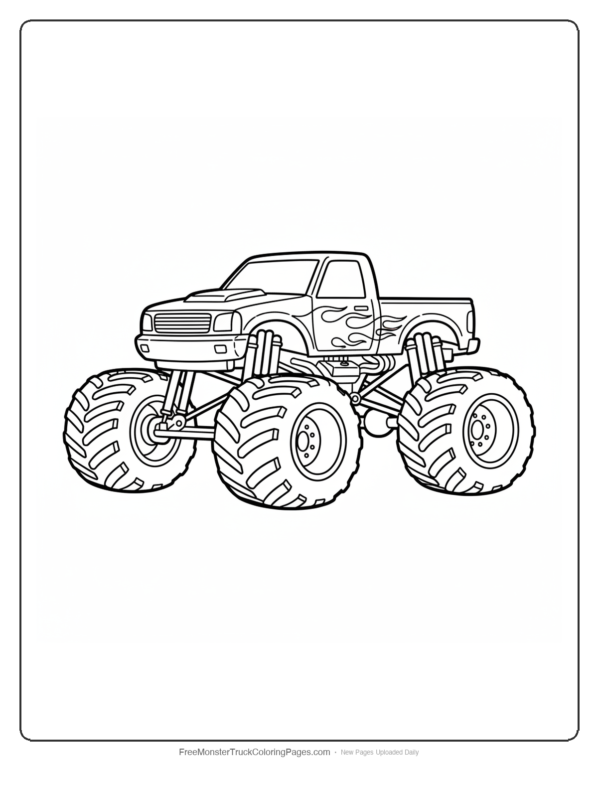 Black and white coloring page of a monster truck with muffin decorations on its body and chocolate chip patterns on wheels