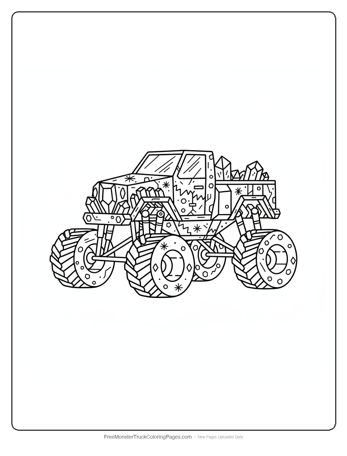 Black and white coloring page of a detailed monster truck made from multiple types of crystals with complex geometric patterns