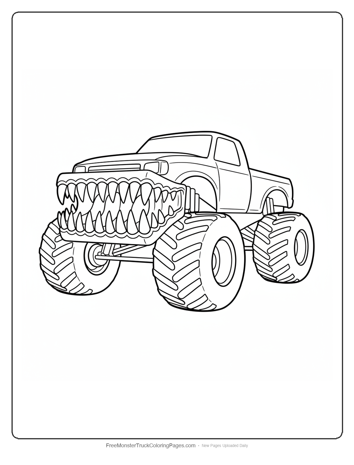 Black and white coloring page of a monster truck with a front bumper covered in rows of fangs from multiple serpent heads