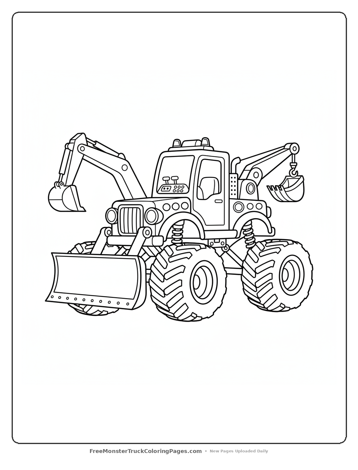 Black and white coloring page of a complex monster truck with multiple construction attachments and detailed mechanical features