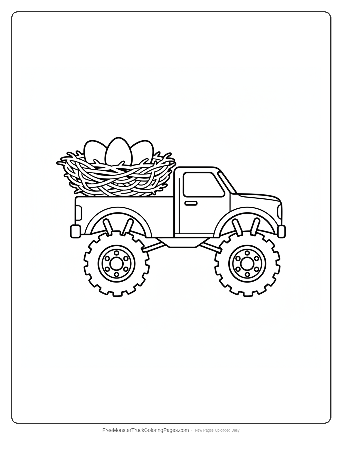 Black and white coloring page of a simple monster truck with a truck bed shaped like a hawk nest made of sticks with eggs inside