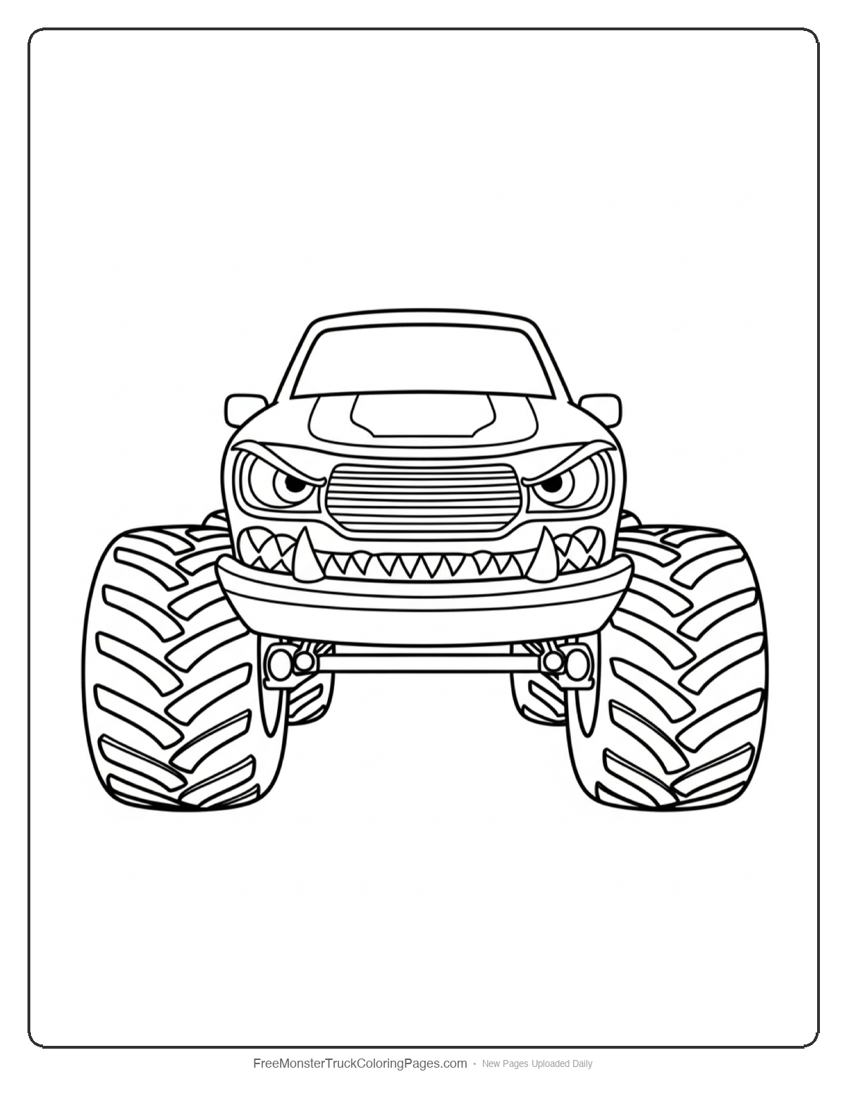 Black and white coloring page of Night Terror monster truck with glowing eyes and menacing design