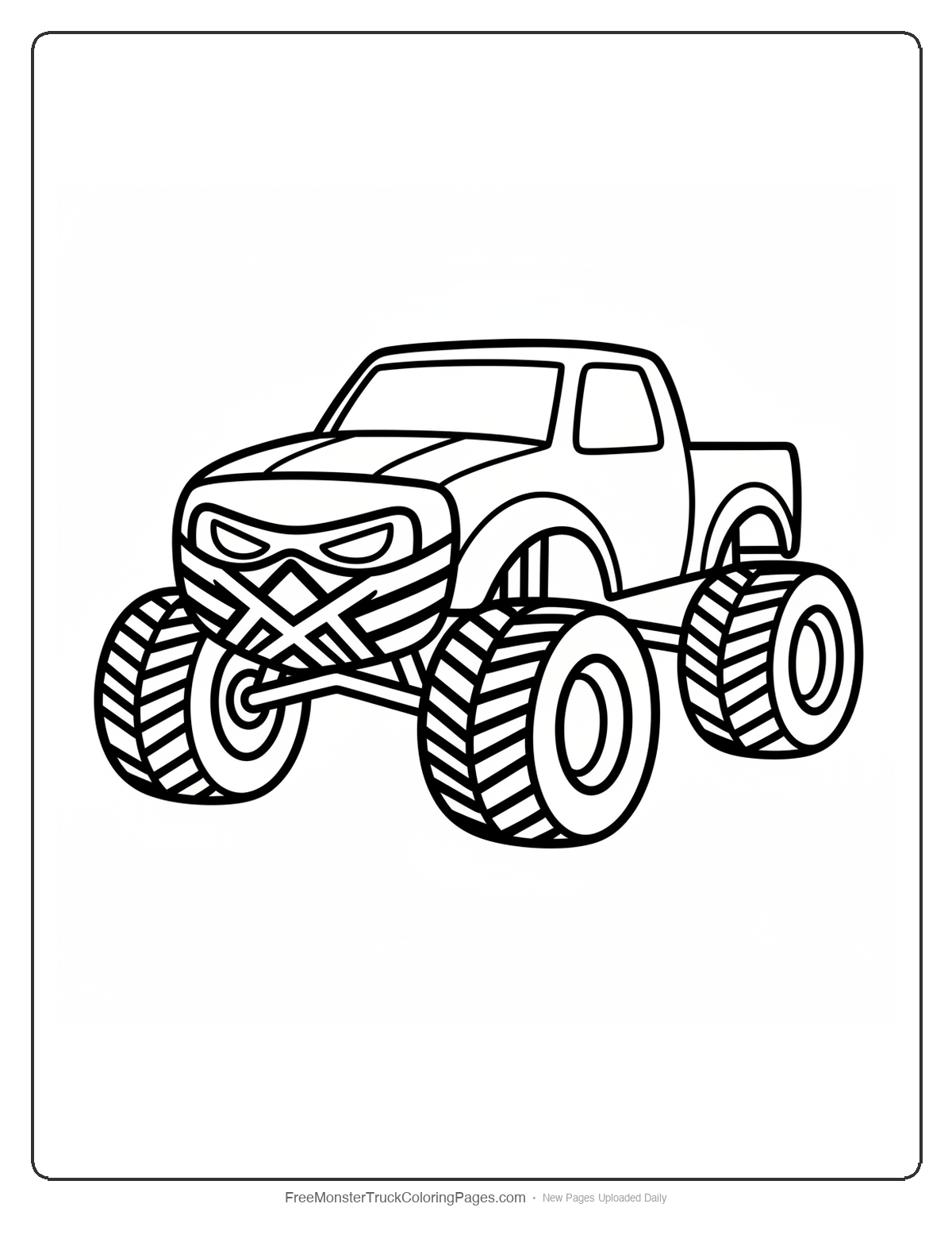 Black and white coloring page of a monster truck with the front grille and headlights designed as a ninja face mask with narrow eye slits