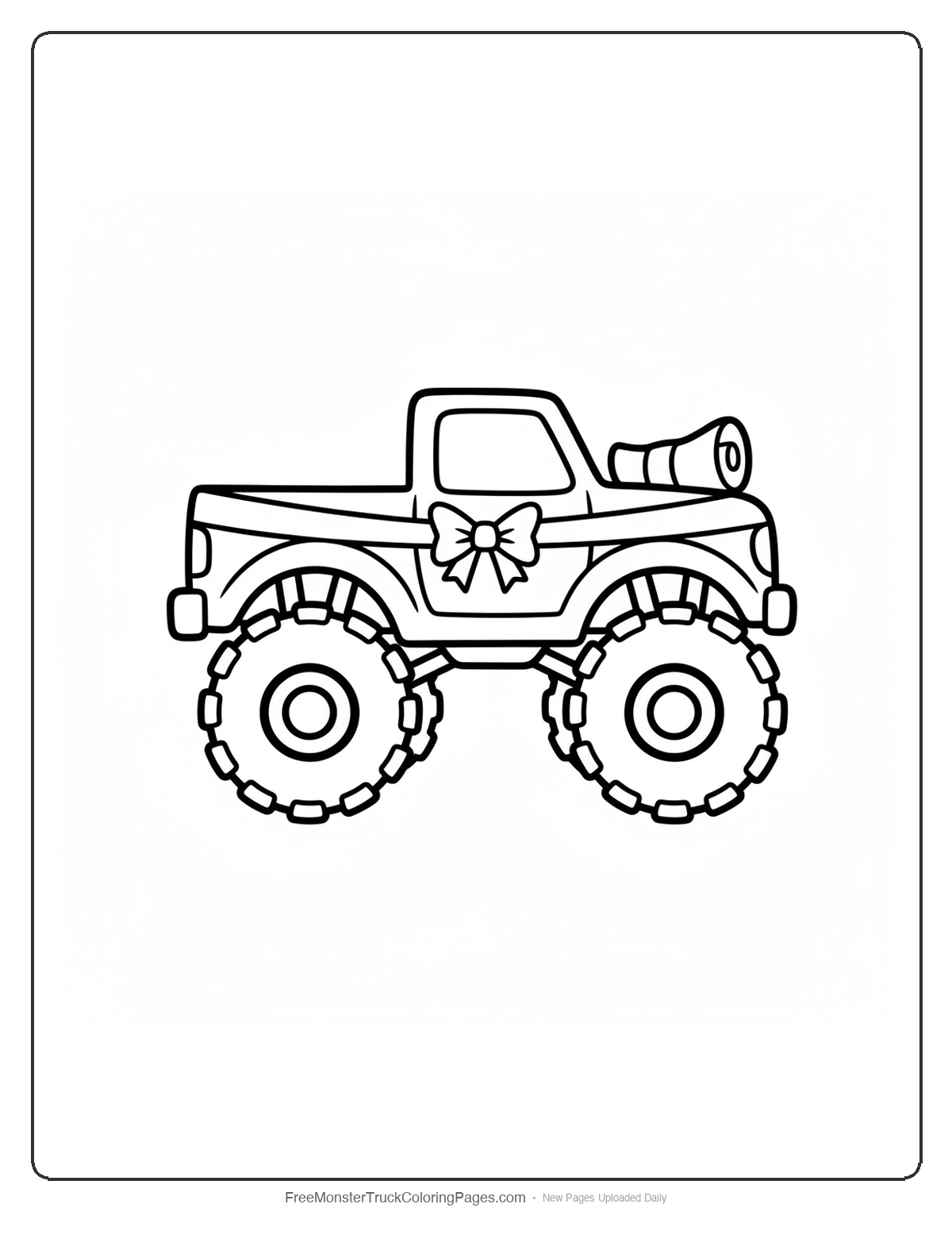 Black and white coloring page of a simple monster truck with a rolled scroll on the hood and a headband shape across the front