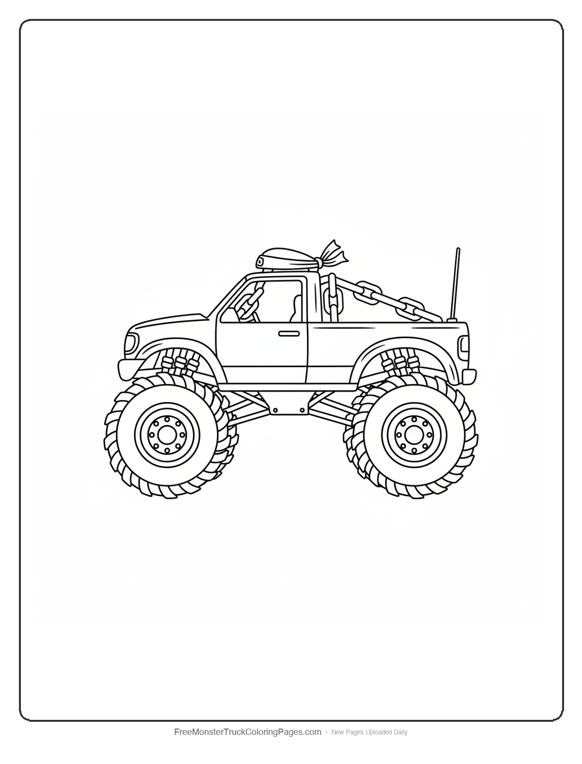 Black and white coloring page of a monster truck with a roll cage connected by chain links like nunchucks and a headband on the antenna