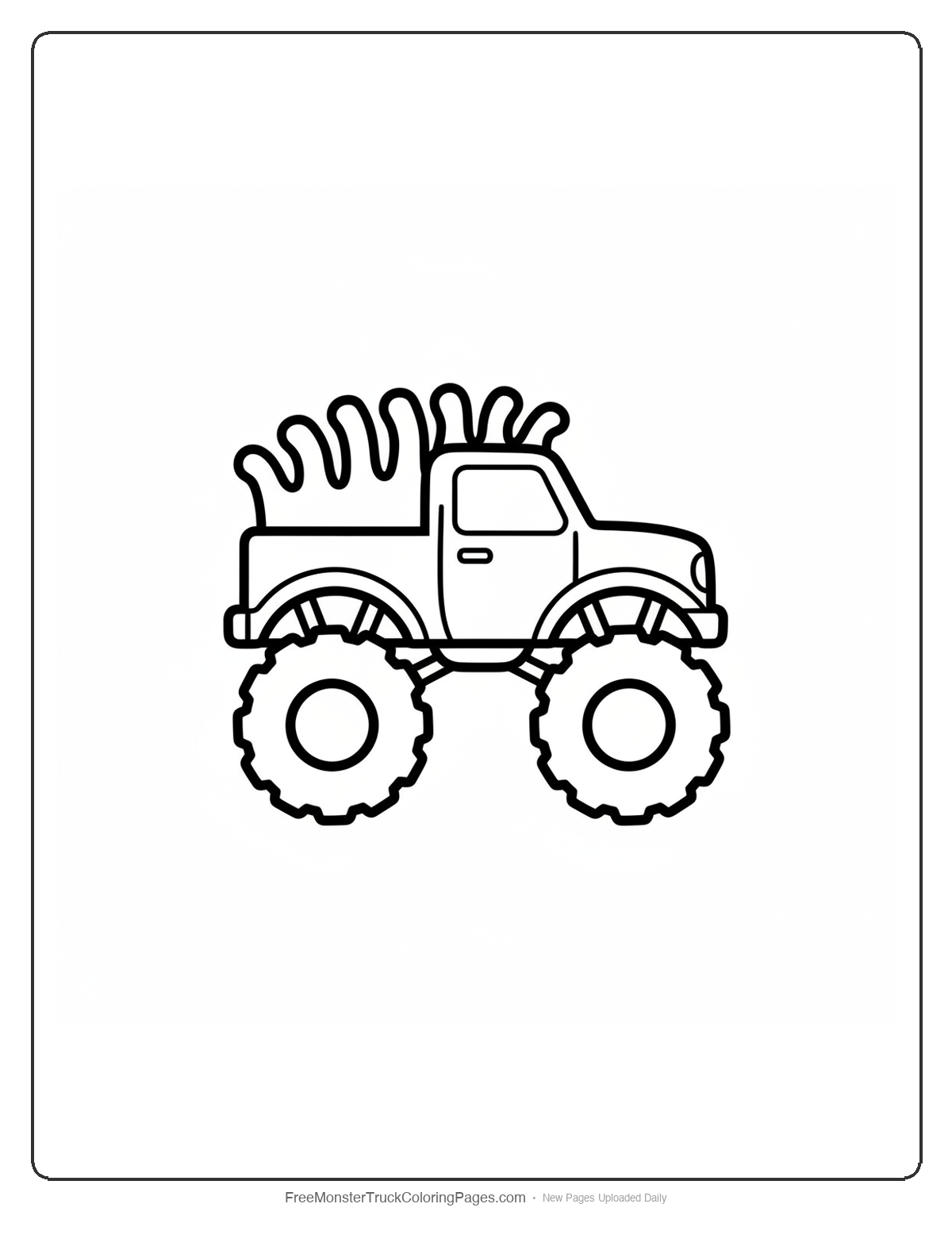 Black and white coloring page of a simple monster truck with eight short tentacle shapes sticking up from the roof like a crown