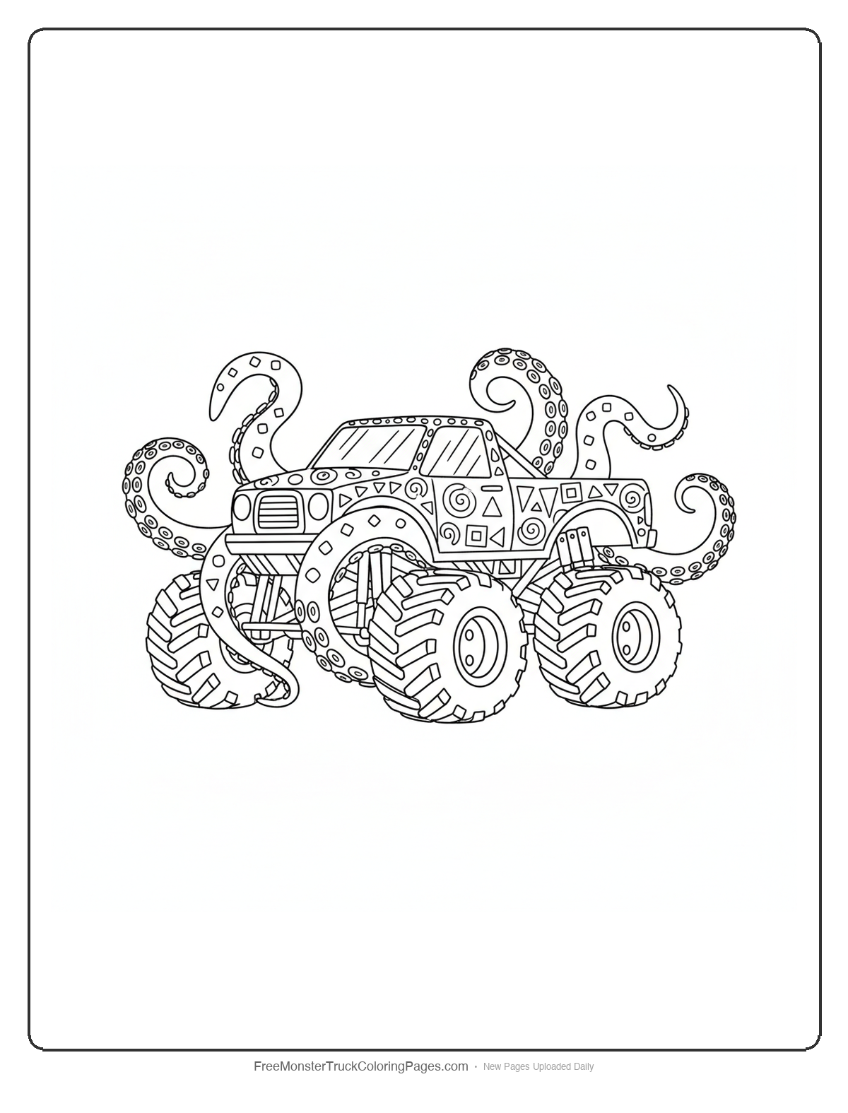 Complex monster truck coloring page with eight octopus tentacles wrapped around truck body and detailed suction cup patterns