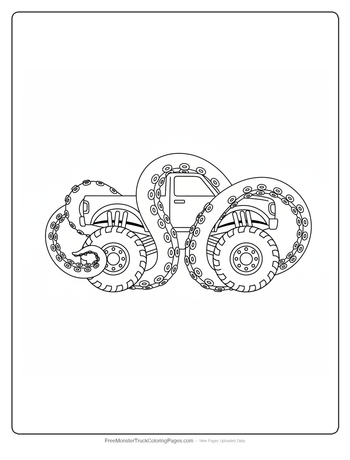 Black and white coloring page of a monster truck with two long octopus tentacles wrapping around the entire truck body