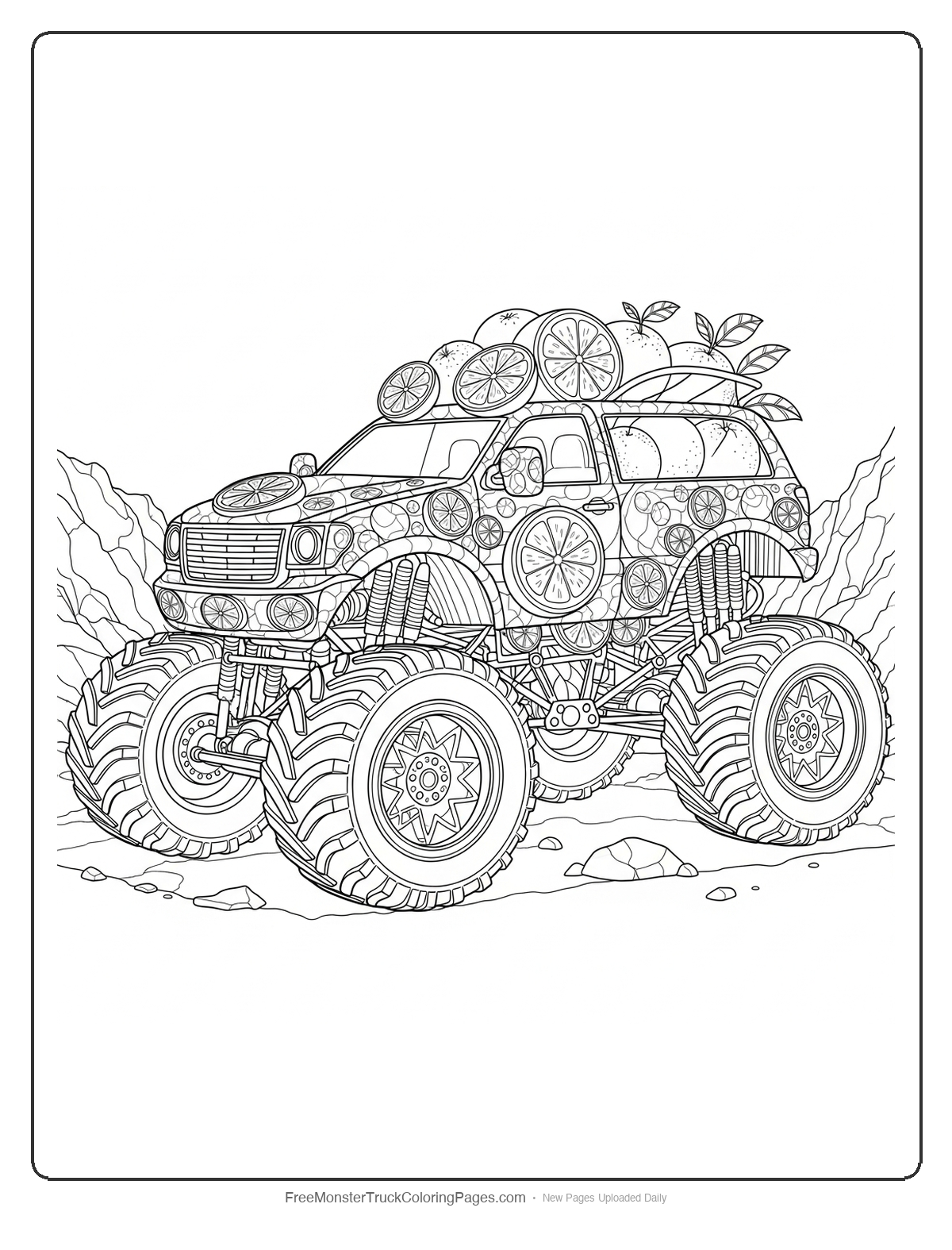 Black and white coloring page of a detailed monster truck decorated with orange fruit patterns and complex wheel designs