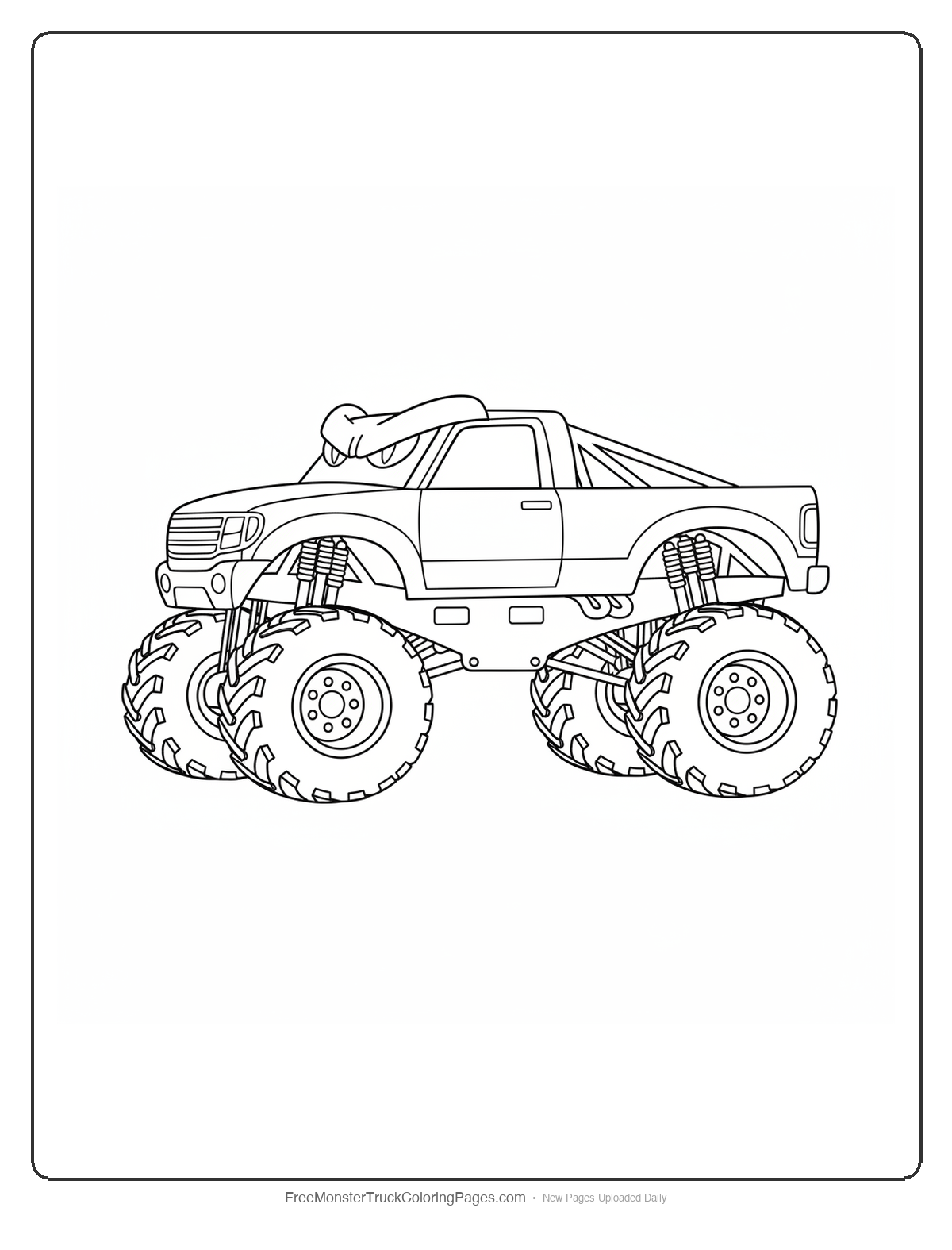 Black and white coloring page of a monster truck with a windshield visor shaped like narrow panther eyes giving the cab a menacing squint