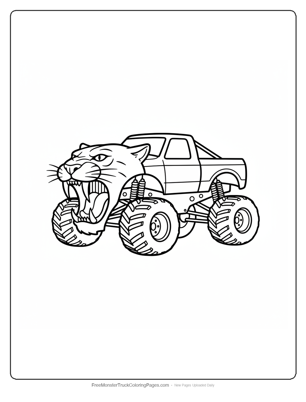 Black and white coloring page of a monster truck with the front grille shaped like an open panther mouth with long curved fangs