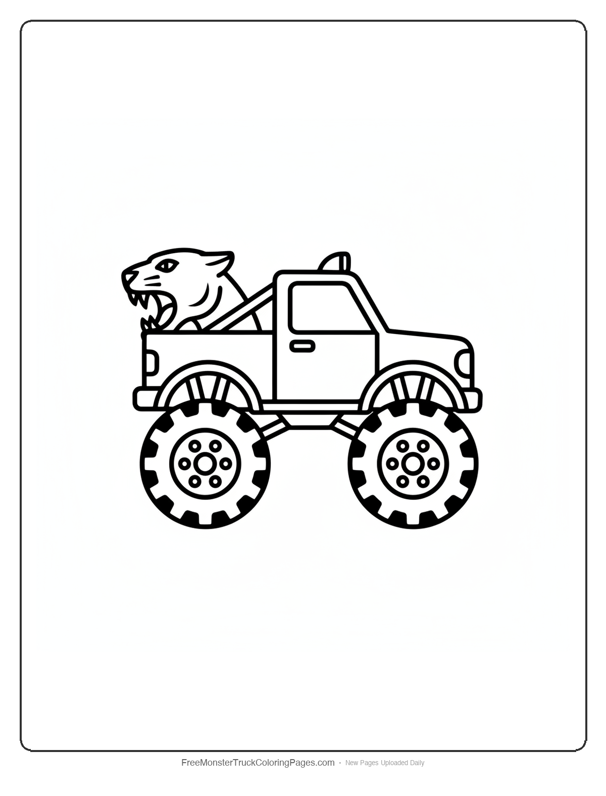 Black and white coloring page of a simple monster truck with the exhaust pipe shaped like an open panther mouth and small ears on the cab