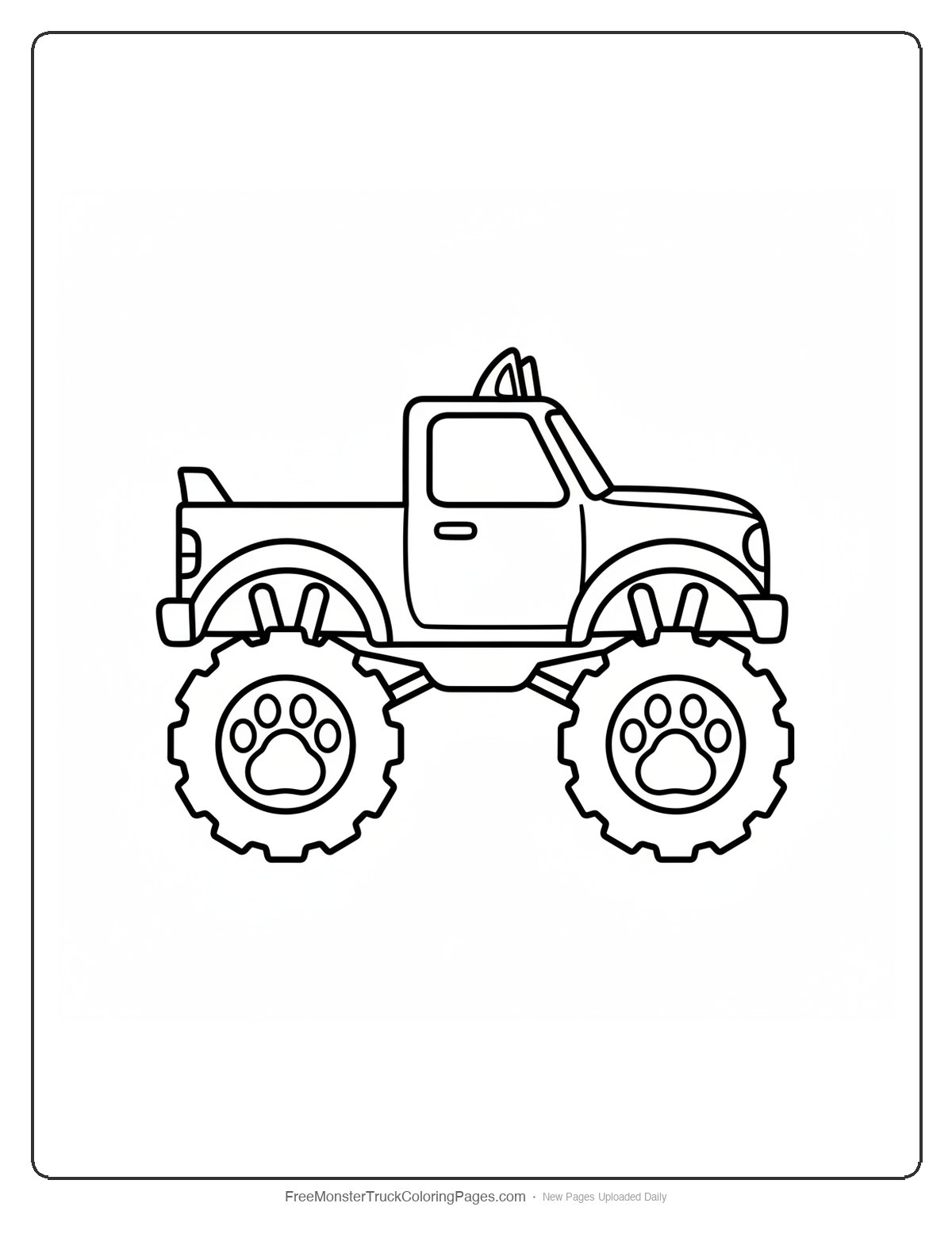 Black and white coloring page of a simple monster truck with paw print shaped wheel hubs and small ears on the cab roof