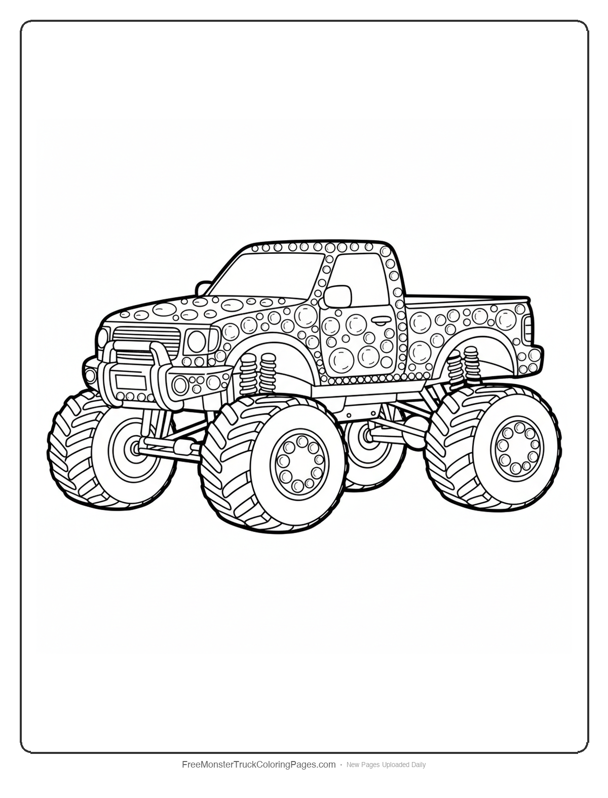 Monster truck coloring page decorated with pearl gemstones and moderate detailing suitable for middle age range
