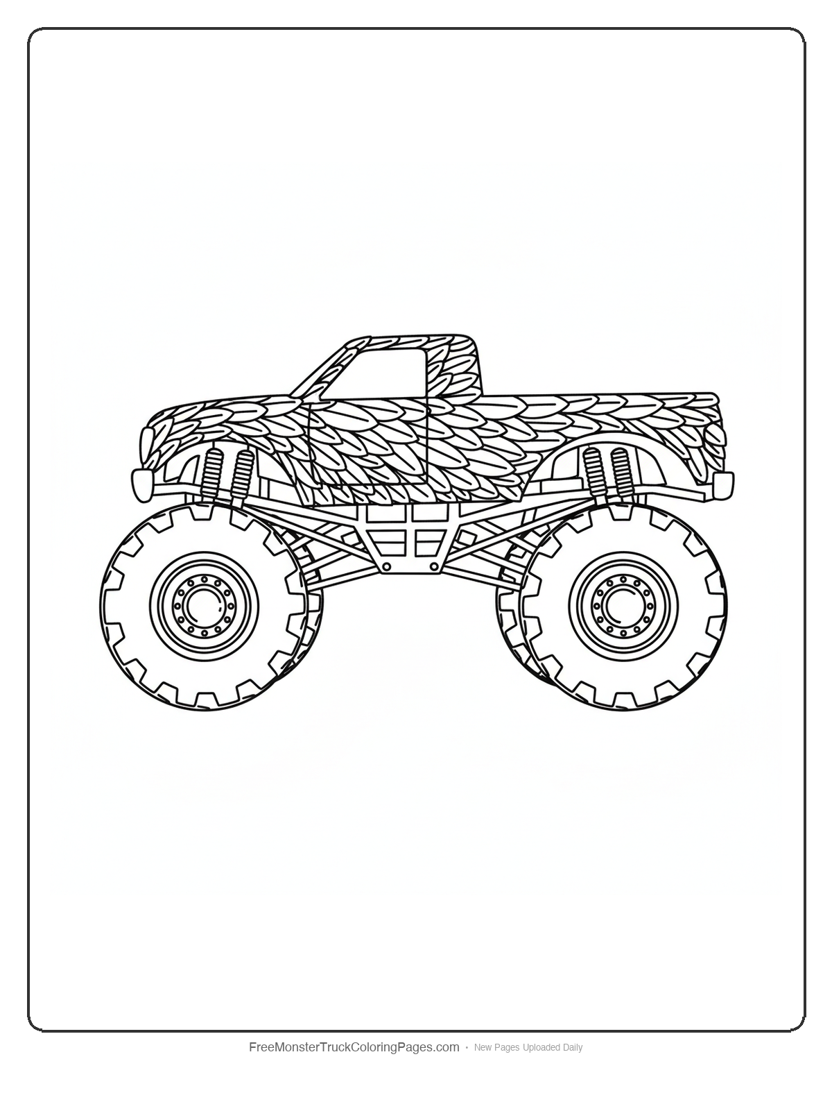 Black and white coloring page of a monster truck cab covered in overlapping feather-shaped armor plates