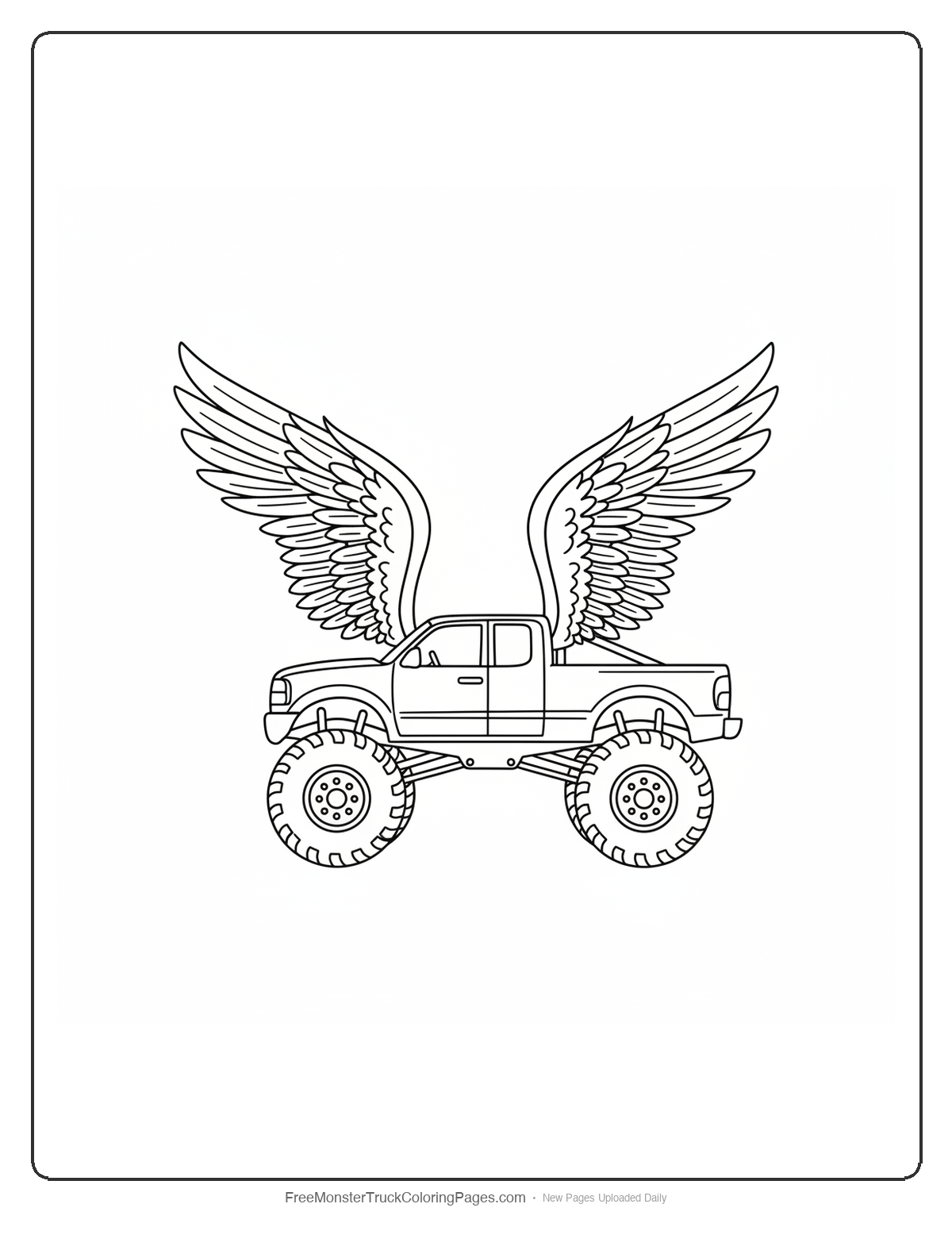 Black and white coloring page of a monster truck with doors shaped like large feathered wings that open upward, and a horn on the roof