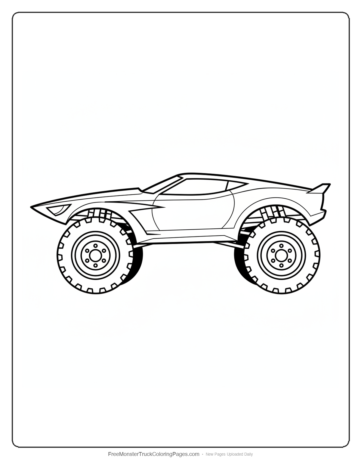 Black and white coloring page of an ultra sleek low profile monster truck with swept back lines