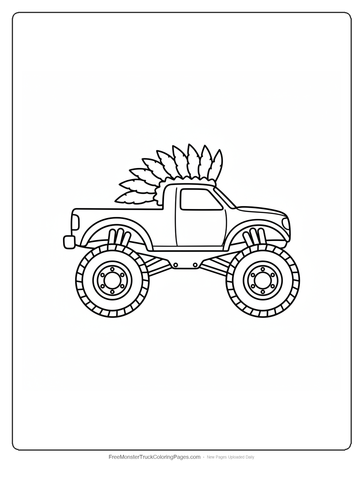 Black and white coloring page of a monster truck with a tall ornate phoenix feather crest mounted on the cab roof like a mohawk