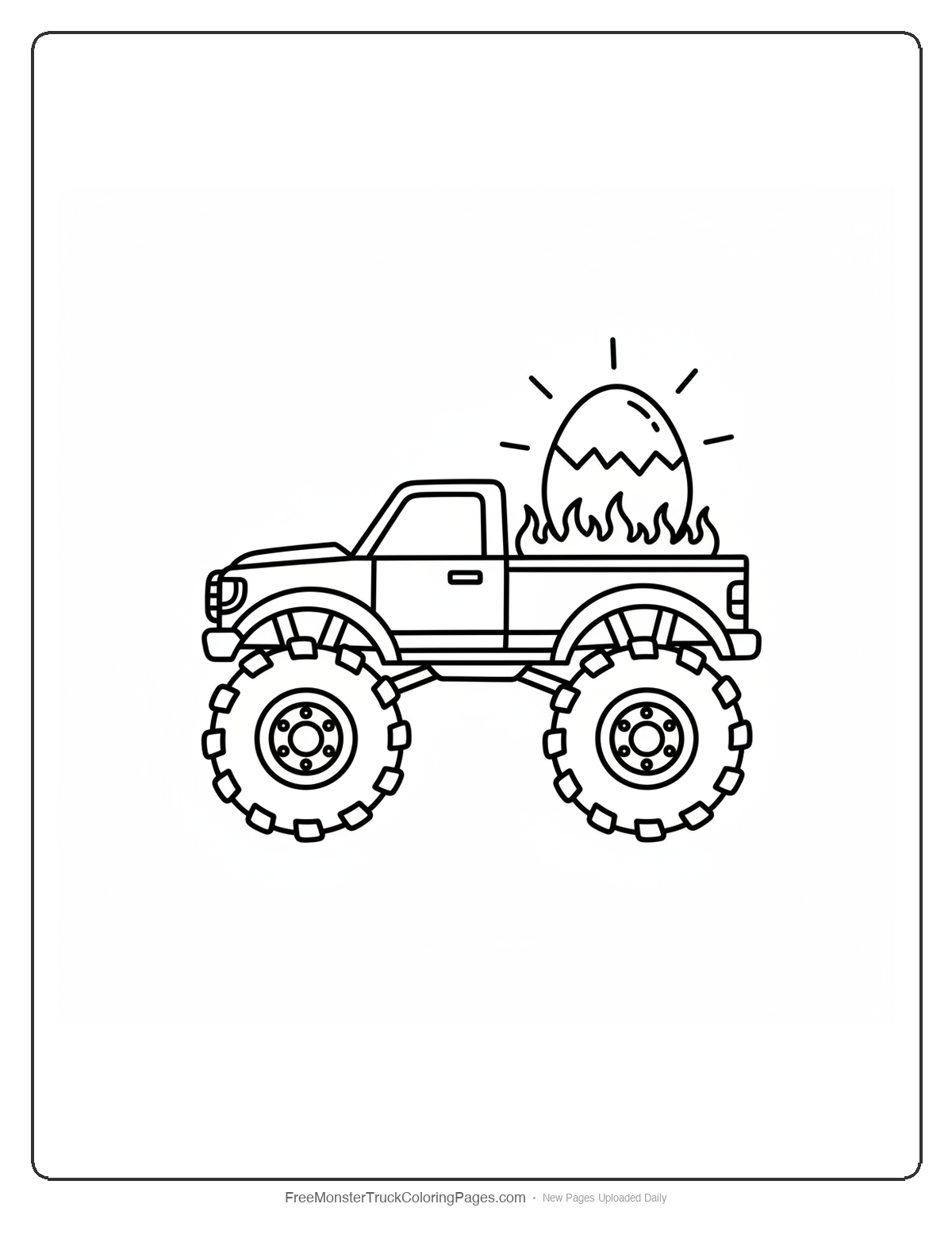 Black and white coloring page of a simple monster truck with a large glowing egg in the bed surrounded by flame shapes