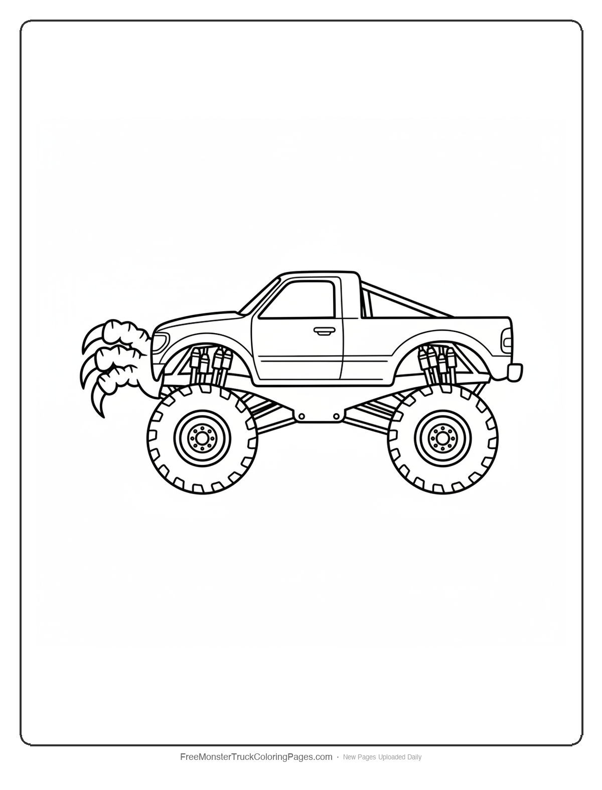 Black and white coloring page of a monster truck with a front bumper shaped like two bird talons with curved sharp claws
