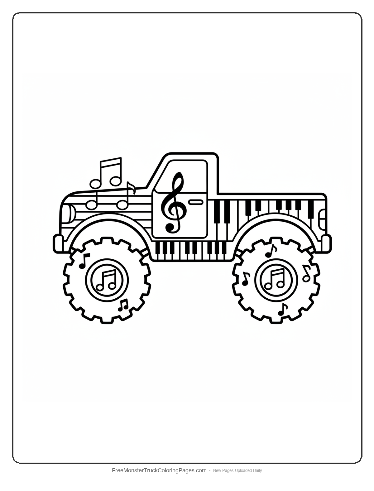 Black and white coloring page of a monster truck decorated with piano keyboard keys along its sides