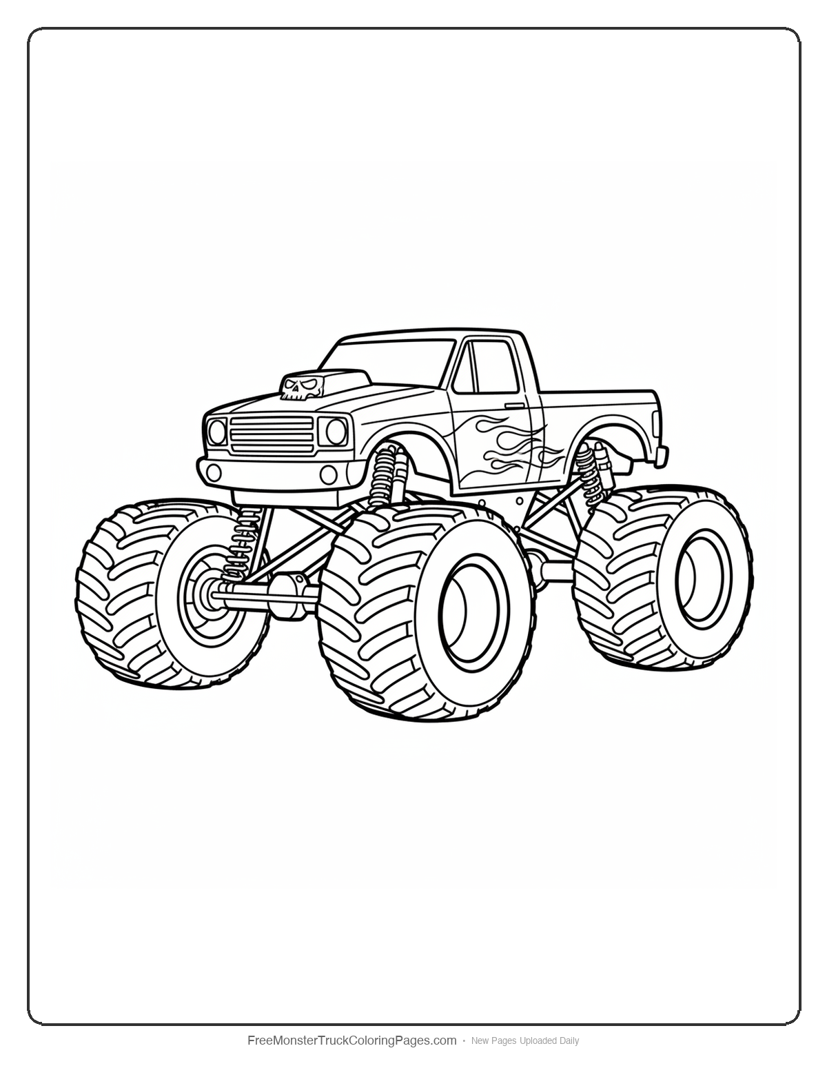 Black and white coloring page of a monster truck decorated with pie slice designs on its body and wheels