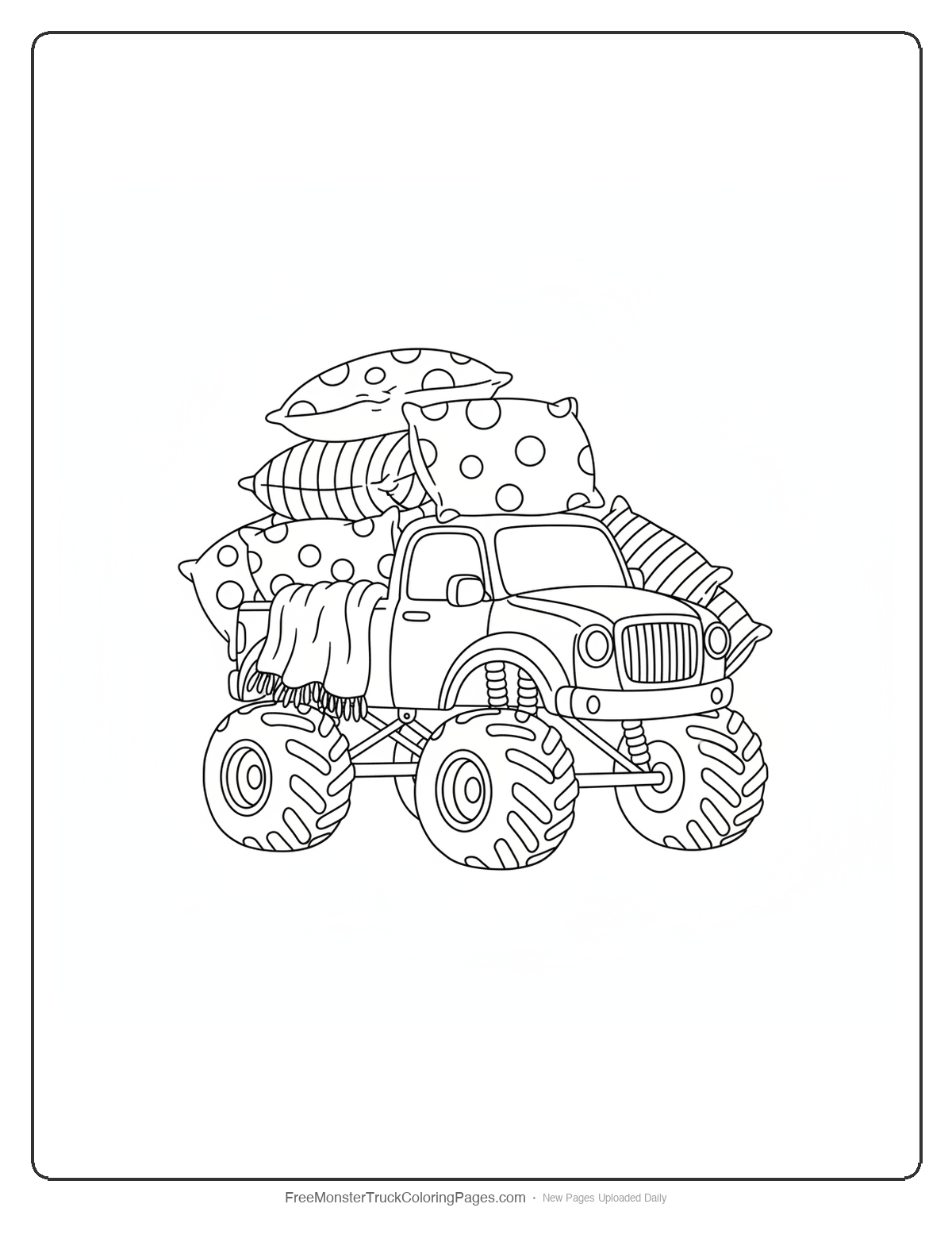 Monster truck decorated with pillows and blankets stacked on top like a fort