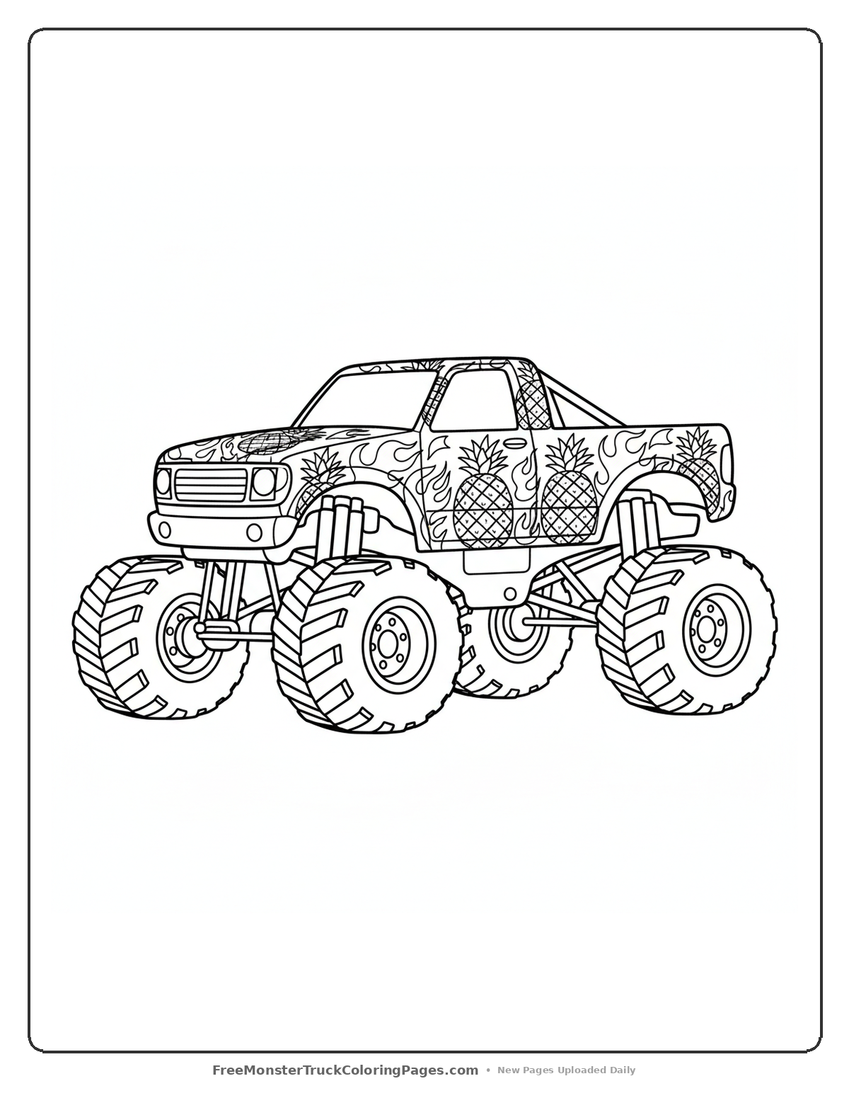 Black and white coloring page of a monster truck with pineapple decorations and spiky details on the body