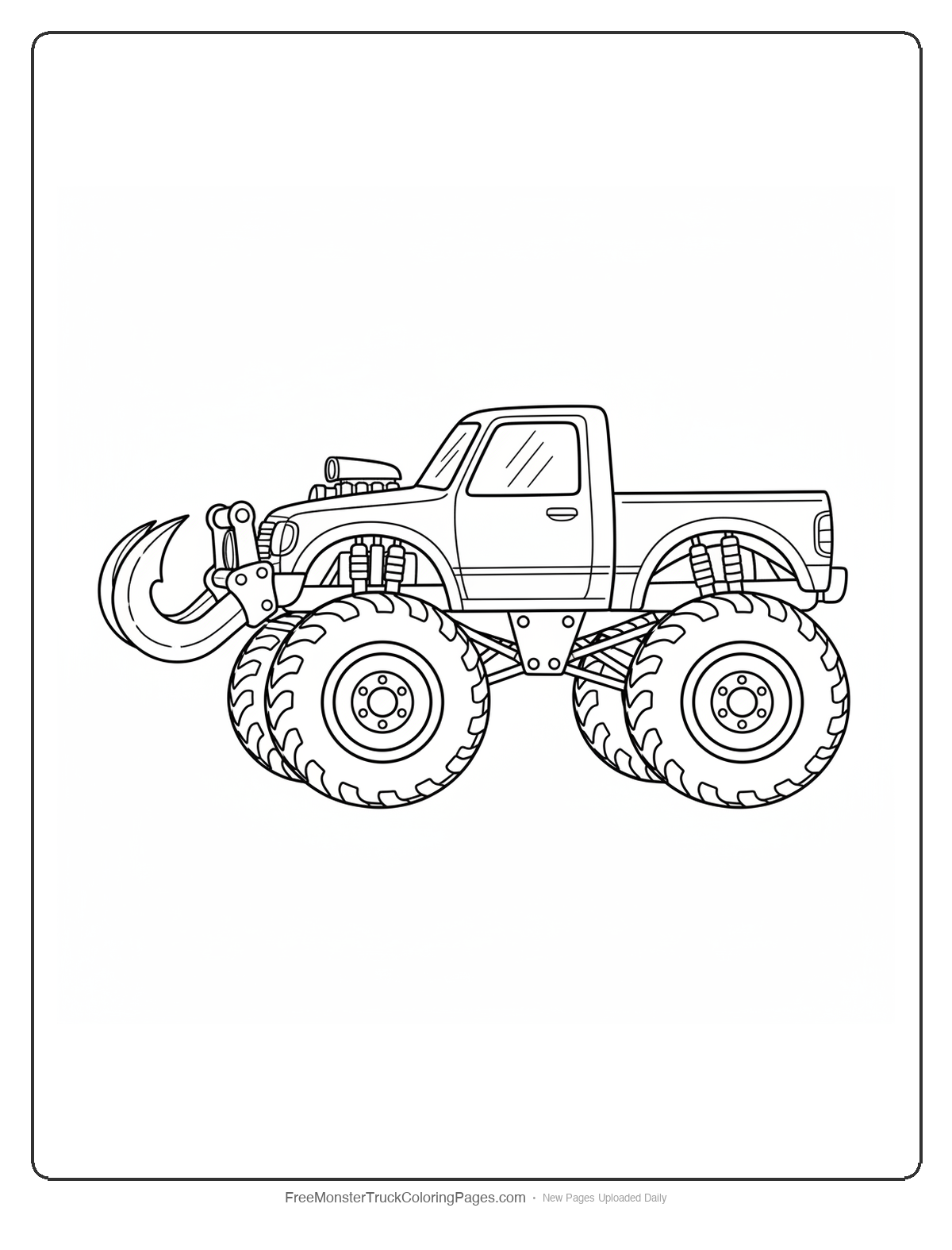 Black and white coloring page of a monster truck with two large curved pirate hooks as the front bumper structure