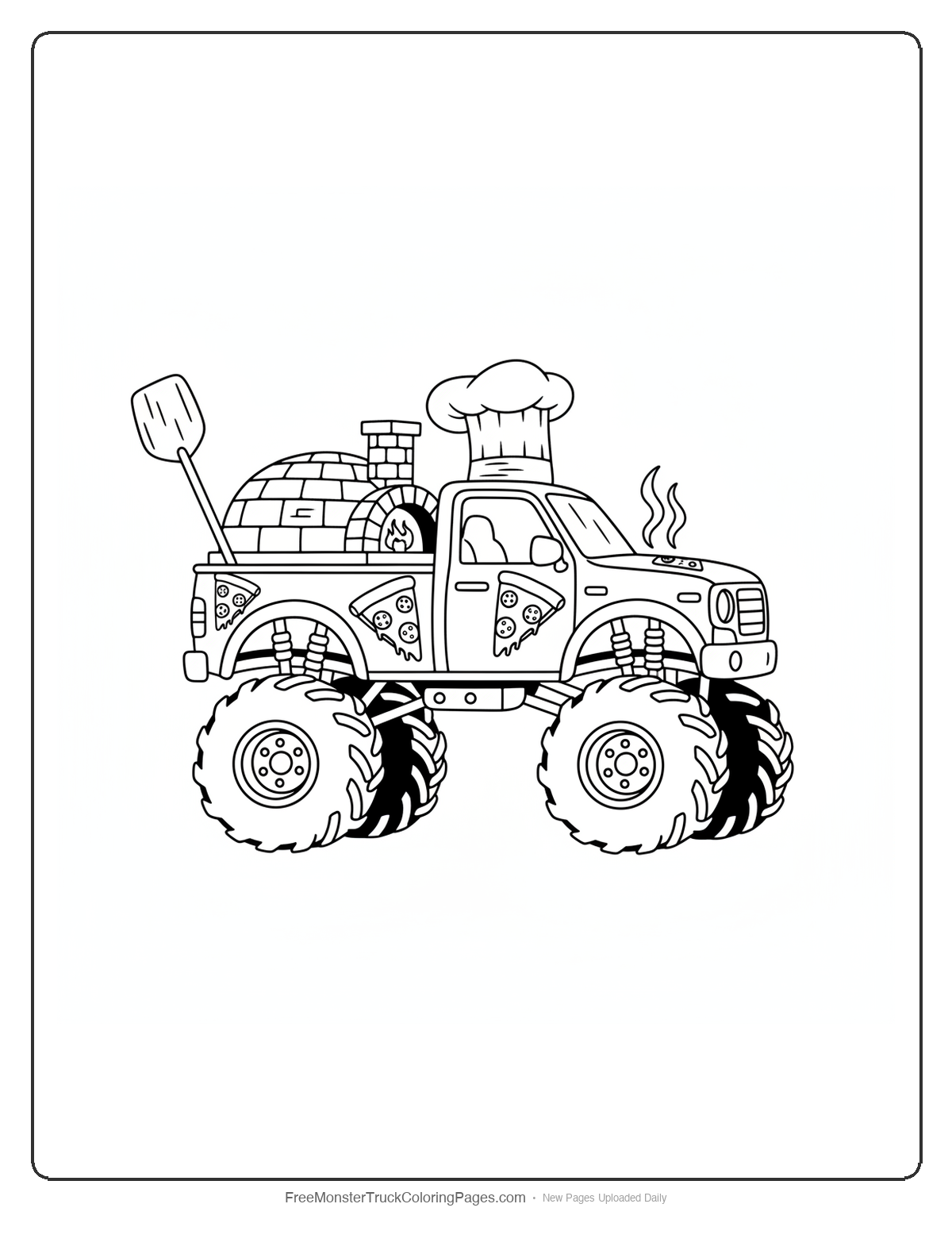 Black and white coloring page of a monster truck with a brick pizza oven and pizza decorations