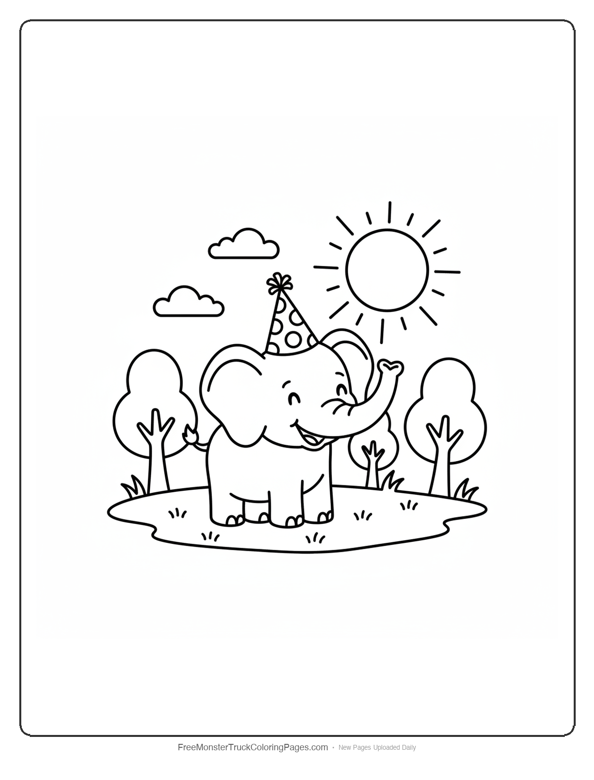 Black and white coloring page of a monster truck with wheels designed like planets and space jumping features