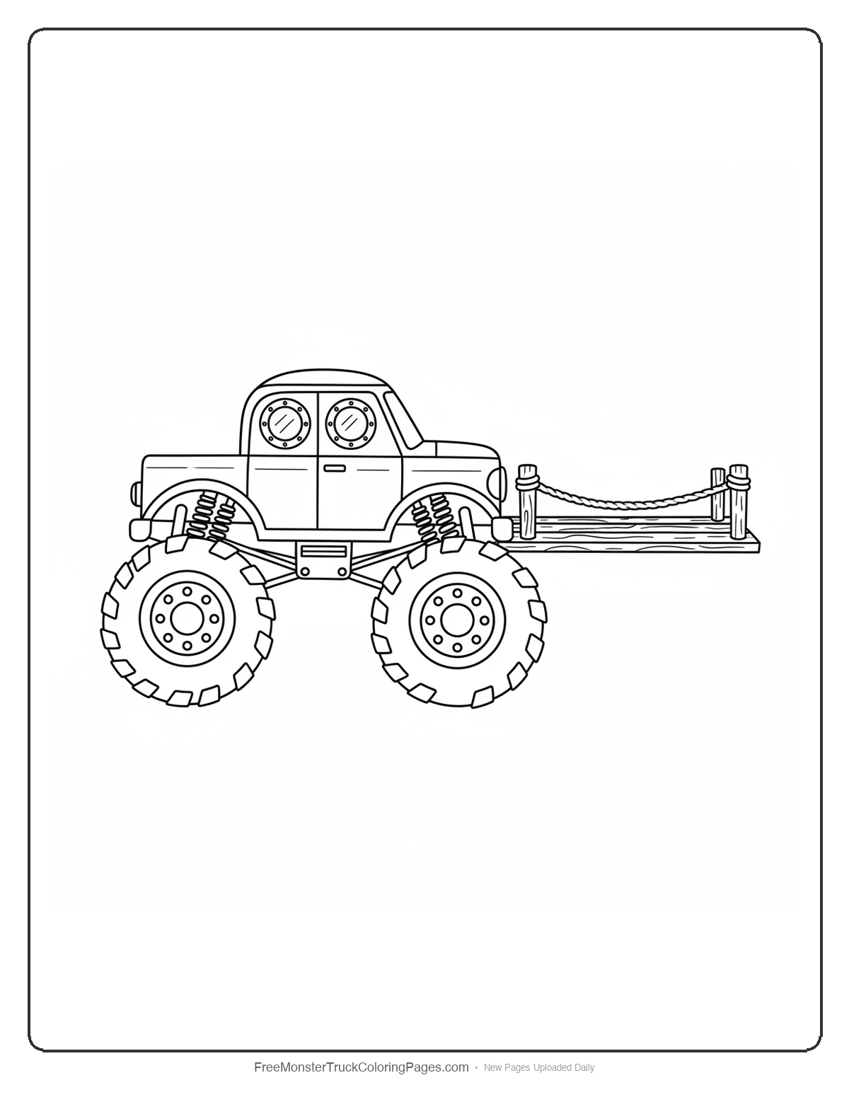Black and white coloring page of a monster truck with a wooden plank extending from the front bumper and porthole shaped cab windows