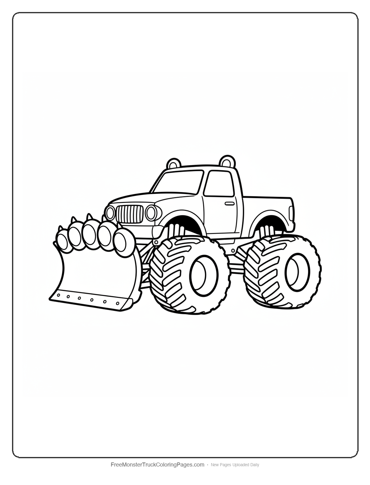 Black and white coloring page of a monster truck with a wide polar bear paw shaped snow plow on the front