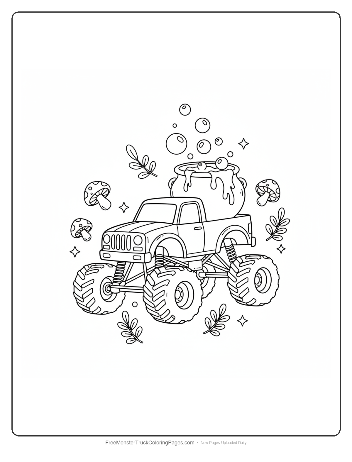 Monster truck coloring page with a large cauldron in the truck bed, bubbling potions, and floating magical ingredients