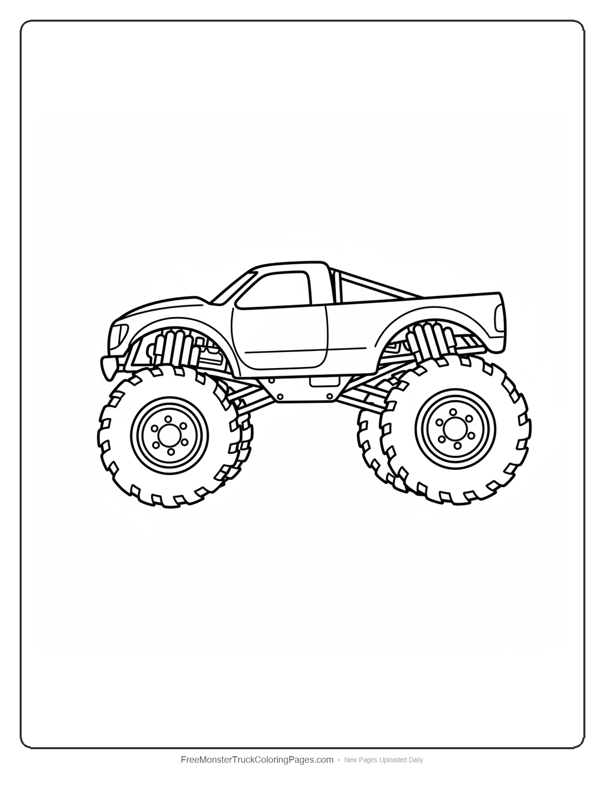 Black and white coloring page of a monster truck in a low aggressive pouncing stance with front dipped down and rear raised up