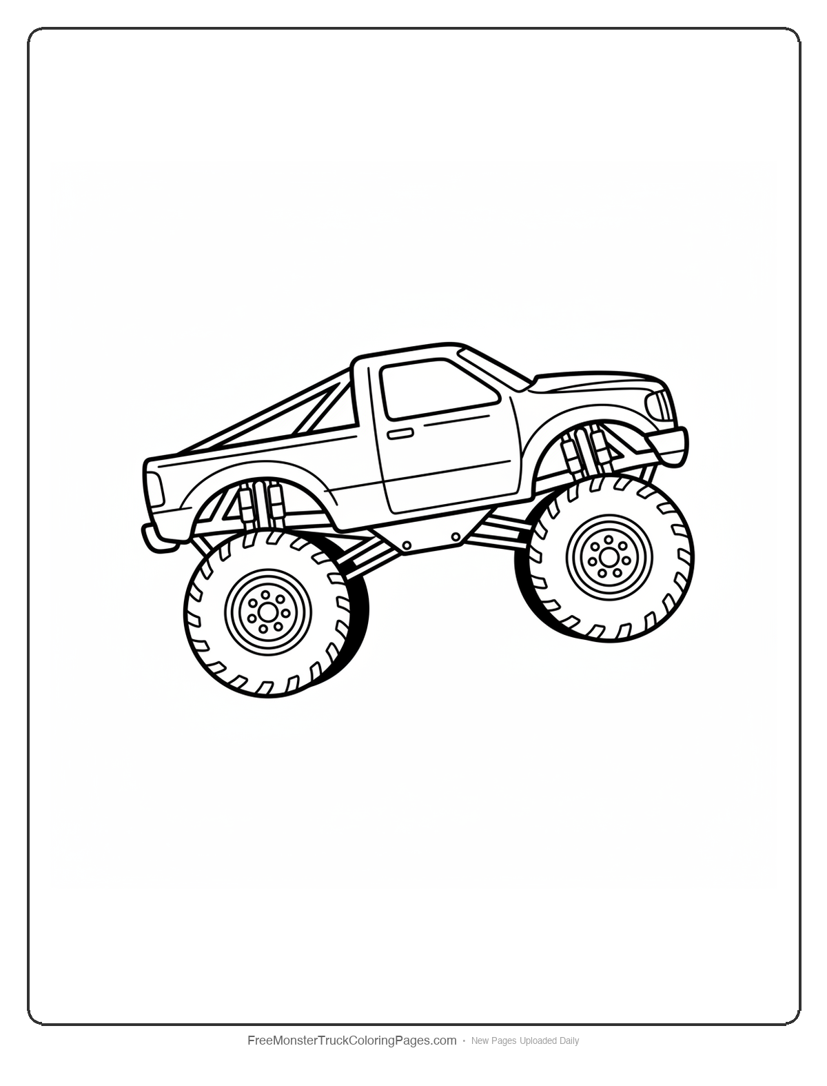 Black and white coloring page of a monster truck in a pouncing stance with front raised and rear low