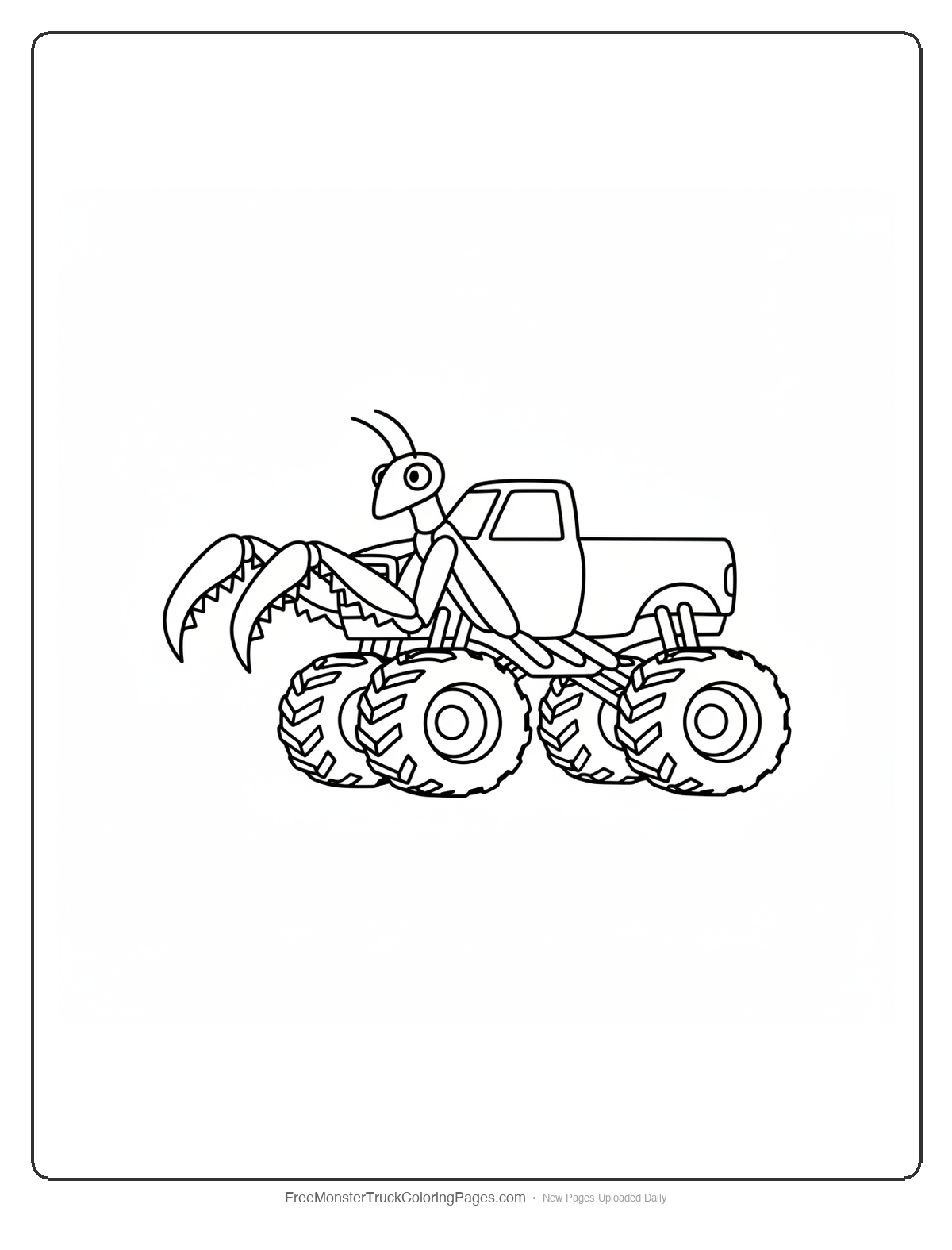 Monster truck designed like a praying mantis with large front claws, triangular head, and detailed body segments on white background